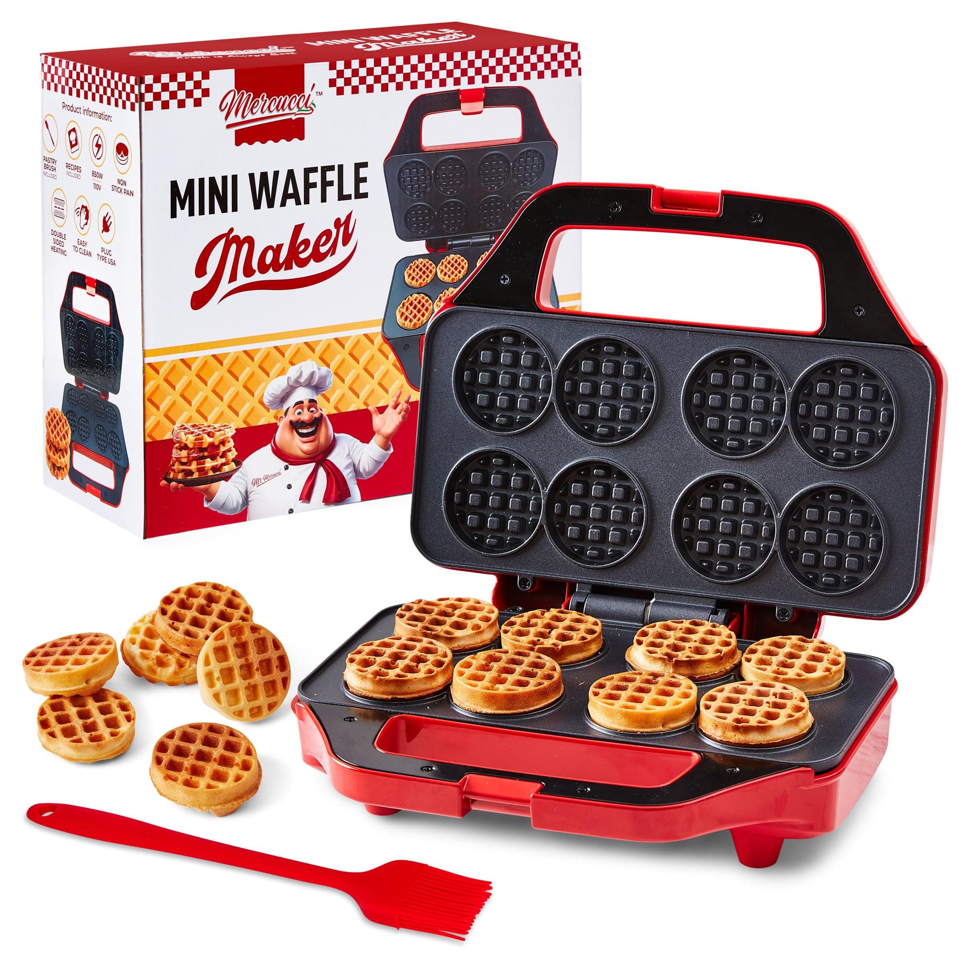 Mini Waffle Maker for Kids, Small Non-Stick Waffle Iron, Makes 8 x 2" Thin Waffles, Easy to Use, Waflera Electrica, Recipes Included