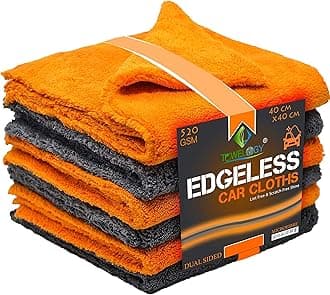 Towelogy® 520gsm Professional Microfibre Edgeless Car Cloths QUICK DRY for Auto/Moto Detailing Polishing Washing STREAK FREE & LINT FREE 40x40cm (Grey/Orange, Pack Of 6)