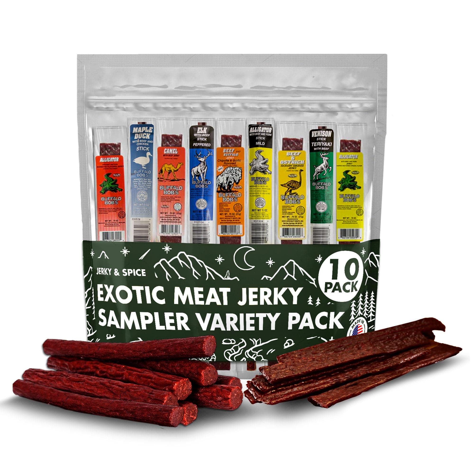 Buffalo Bob’s Wild Game Jerky (10-Pack) | Premium Exotic Meat Sampler Gift Pack | Includes Buffalo, Elk, Venison, Ostrich, Wild Boar, Camel, Alligator Jerky | Ideal for Trips, Camping & Hiking