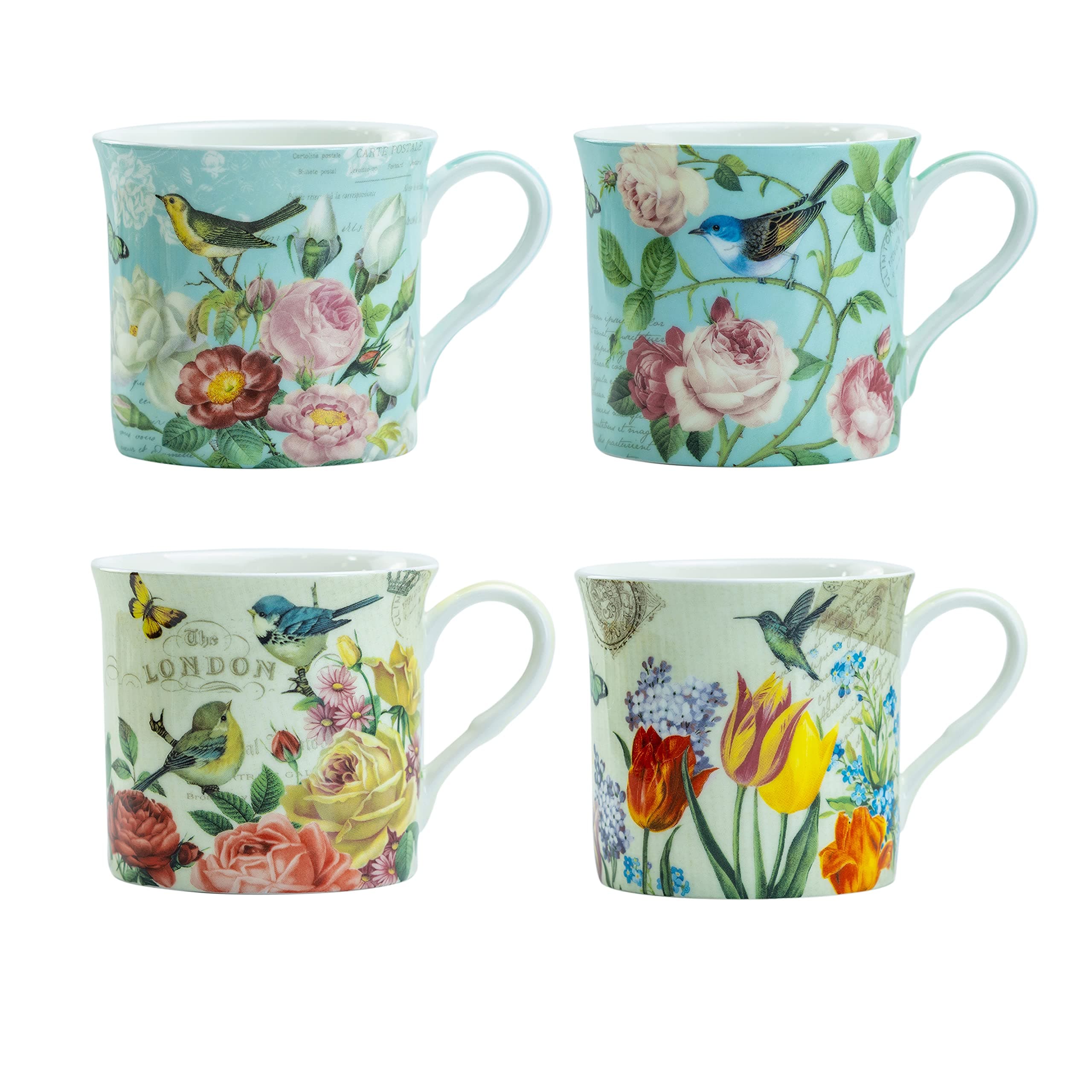 Bone China Coffee Tea Mugs 10-Ounce, Assorted (Botanical Bird Garden), 4 Count (Pack of 1)