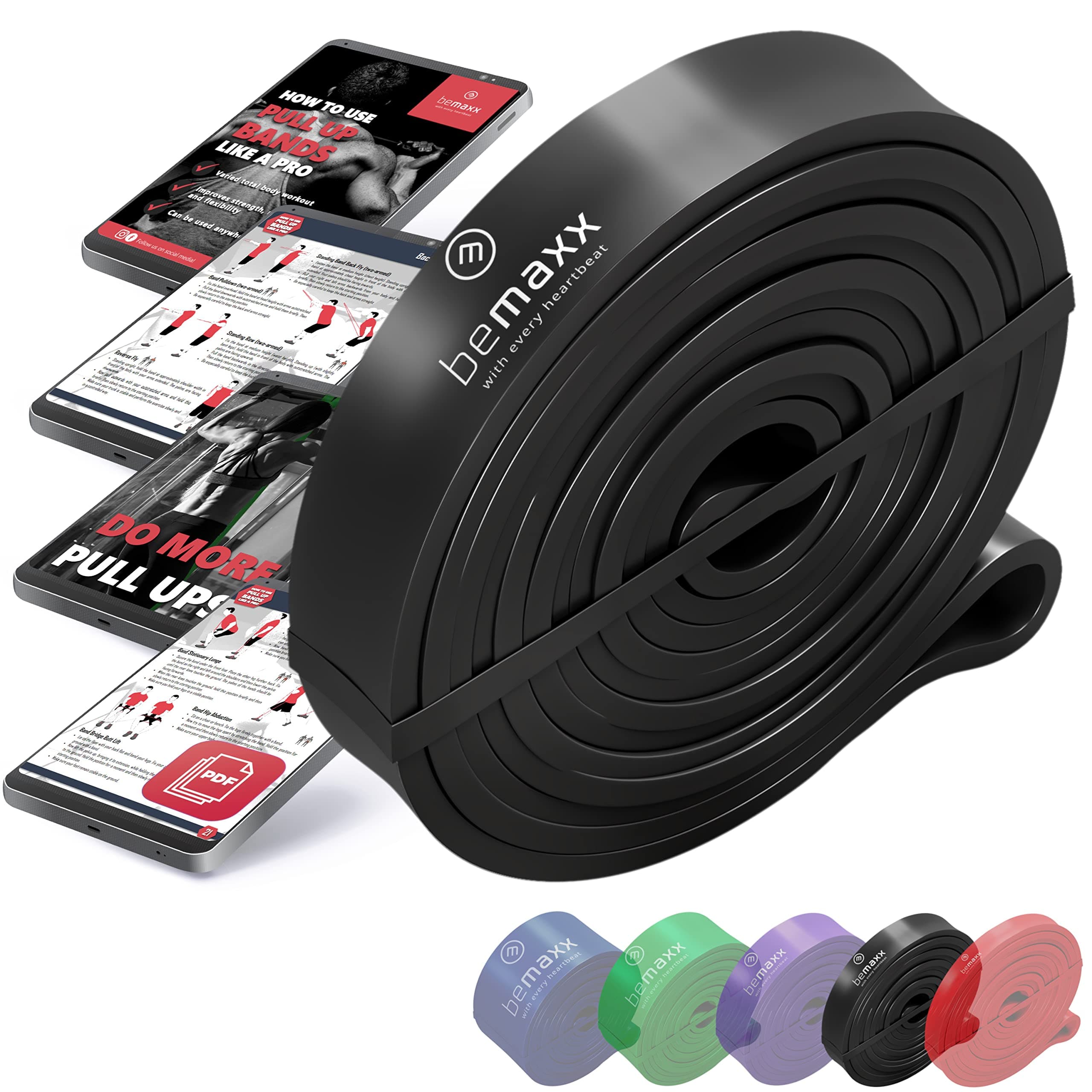 Resistance Band Heavy Strength, Pull Up Assist + Exercise Guide | Home Gym Equipment: Full Body Fitness Workout Rubber Loop, Chin Bar Assistance & Bodybuilding, Sports Gymnastics Training, Women Men