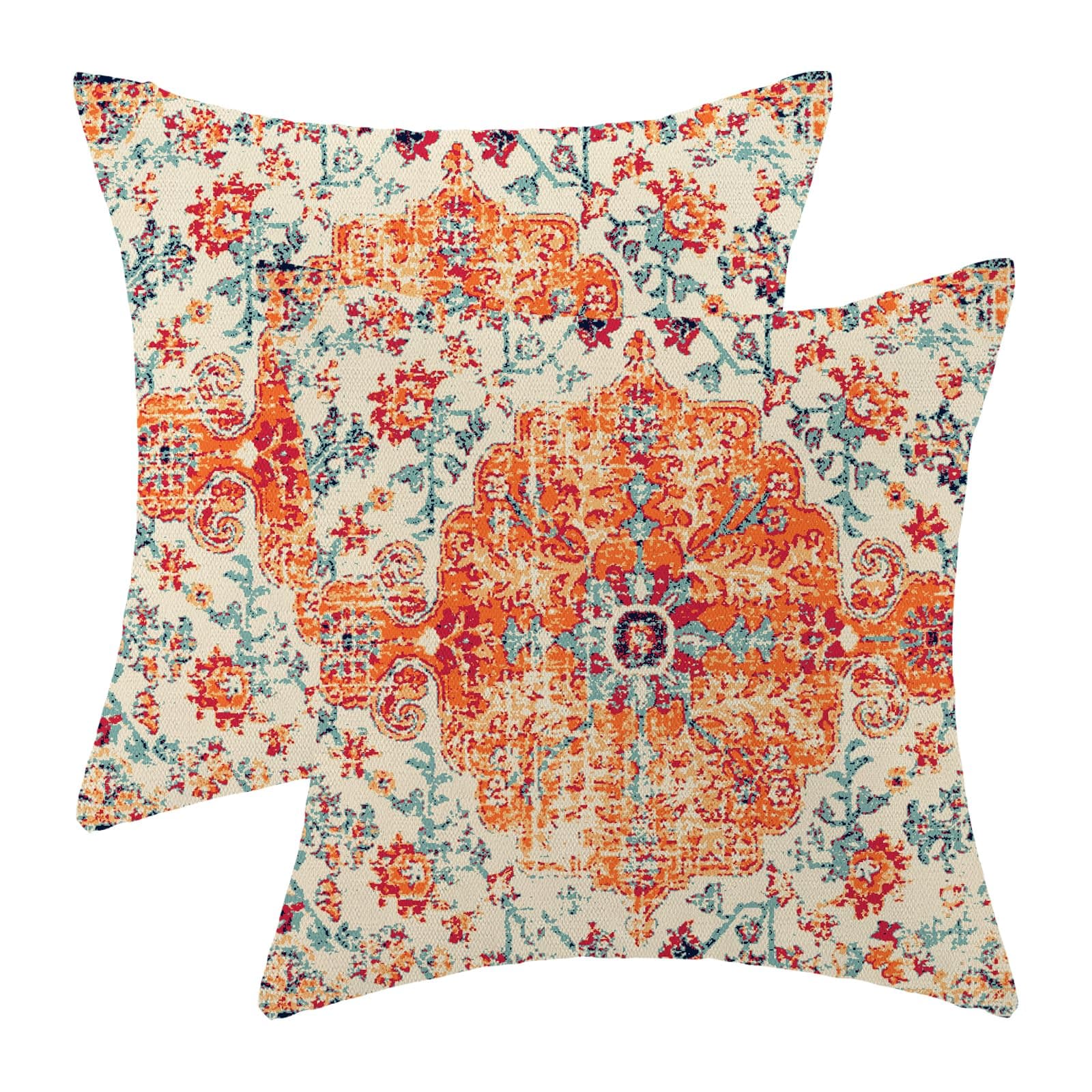 Boho Pillow Covers 18x18 Set of 2, Ethnic Design Decorative Throw Pillows Linen Burnt Orange Blue Carpet Pattern Farmhouse Cushion Pillow Covers for Sofa Couch Outdoor Decor