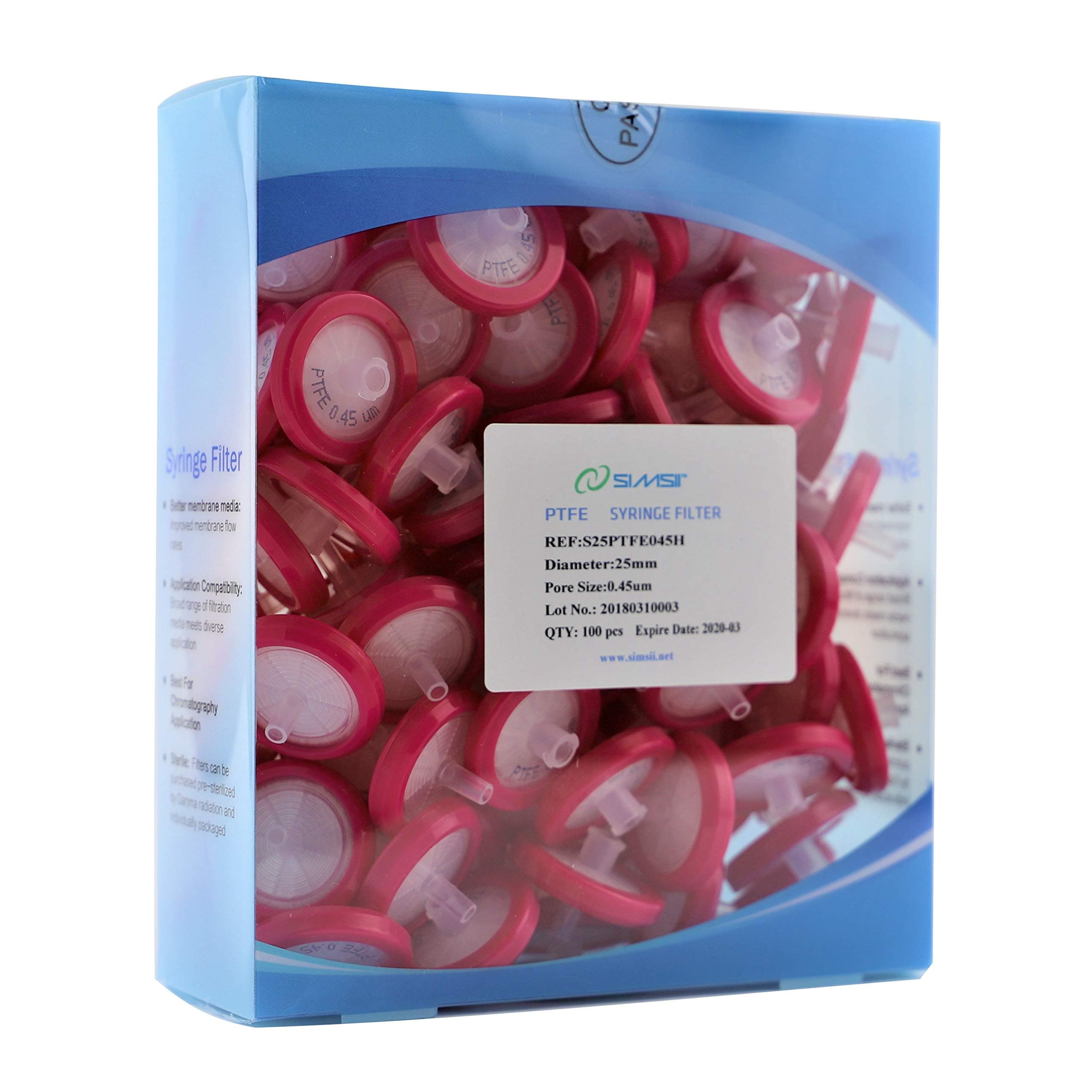 Syringe Filter, Hydrophobic PTFE Membrane Disc, Diameter 25 mm, Micron Pore Size 0.45 um, Pack of 100