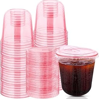 50 Sets Disposable Stemless Glasses With Strawless Sip Lids,PET Drinking Cups,Clear Plastic Coffee Cups for Iced Coffee, Smoothie, Cold Beverage, Drink Shop and Christmas Party Supply (Pink, 12 oz)