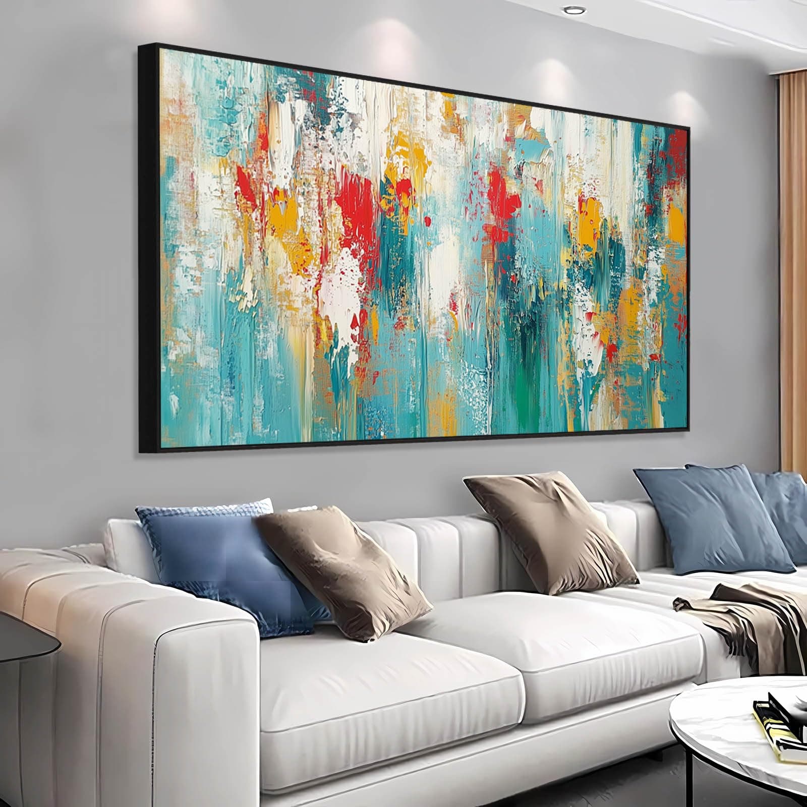 Extra Large Abstract Painting on Canvas, Abstract Wall Decor, Blue Gold Wall Art, Textured Style Artwork, Abstract Print Art, Modern Canvas Art Wall Decor, Wall Decor Office Living Room (Black Frame, 48"x27"|122x68cm)