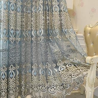 Amidoudou 1 Pair European Jacquard Sheer Curtains Embroidered Tulle Curtains Living Room Bedroom Luxury Translucent Curtains (Gray,51x84 Inch)