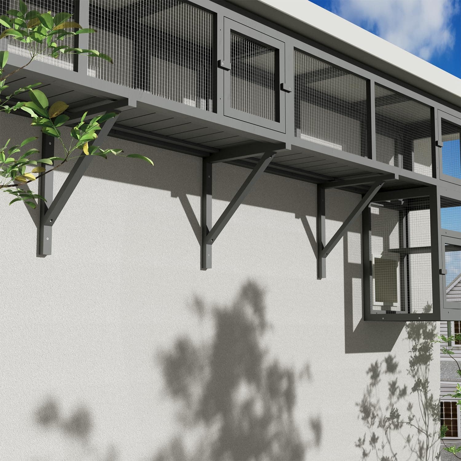 59" Wooden Cat Window with Extendable Design Connecting Inside and Outside Catio Outdoor Cat Enclosure for Sunbathing, Napping & Overlooking (Grey)