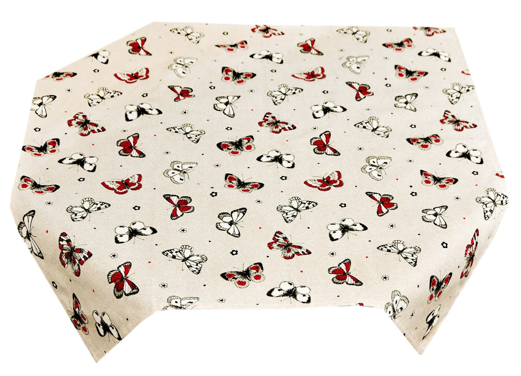 Lashuma® Red Butterfly Decorative Kitchen Collection – Table Cloth, Runner, Apron, Oven Mitt, Pot Holder, Placemat Bread Basket Cushion, Tea Towel, 100% Cotton, beige/red, Tischdecke 80 x 80 cm