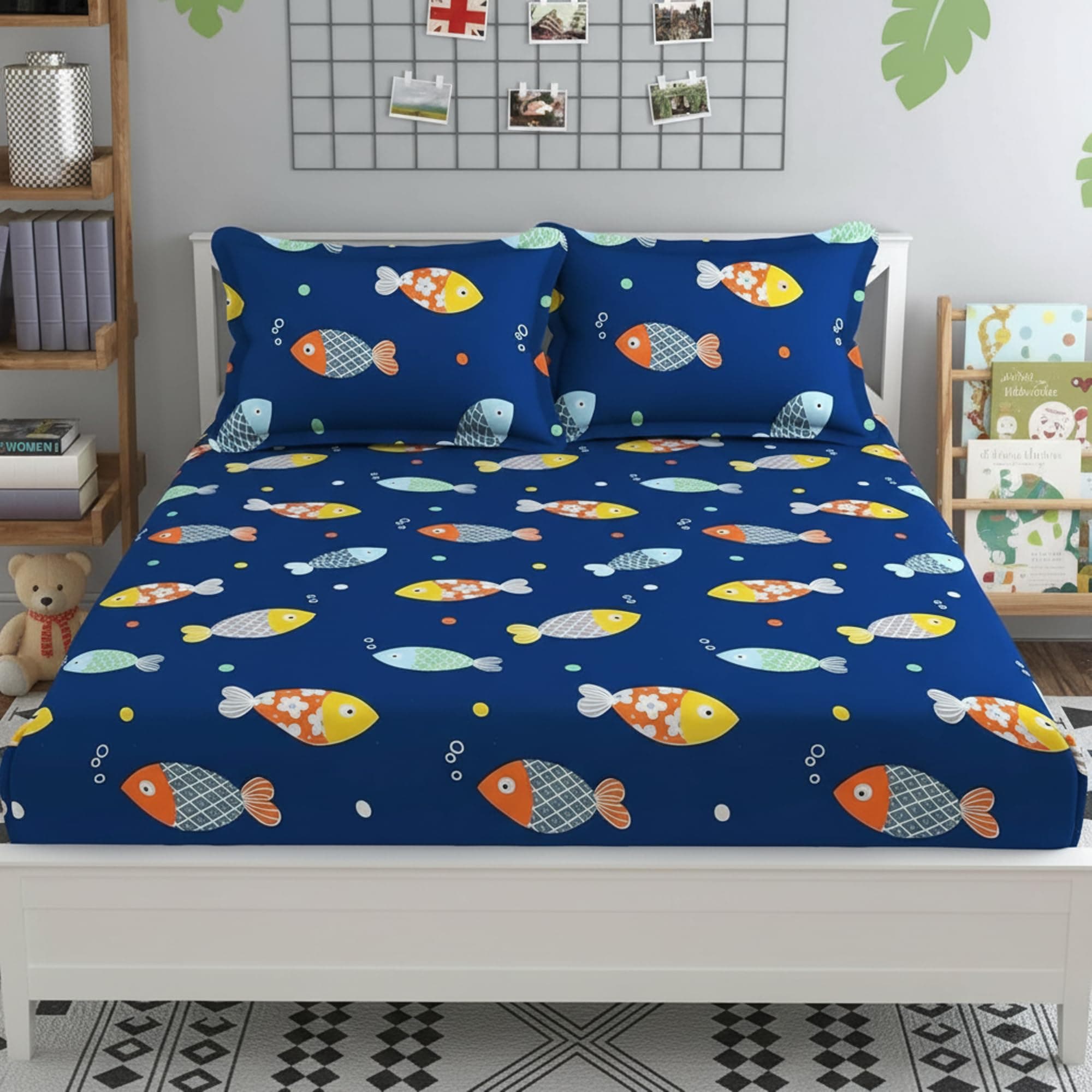 Cute Fish Double Bed Sheet for Queen Size Bed with 2 Pillow Covers for Kids Bedroom 240 TC Made with Pure Microfiber, Color Blue and Yellow (90x90 inches)