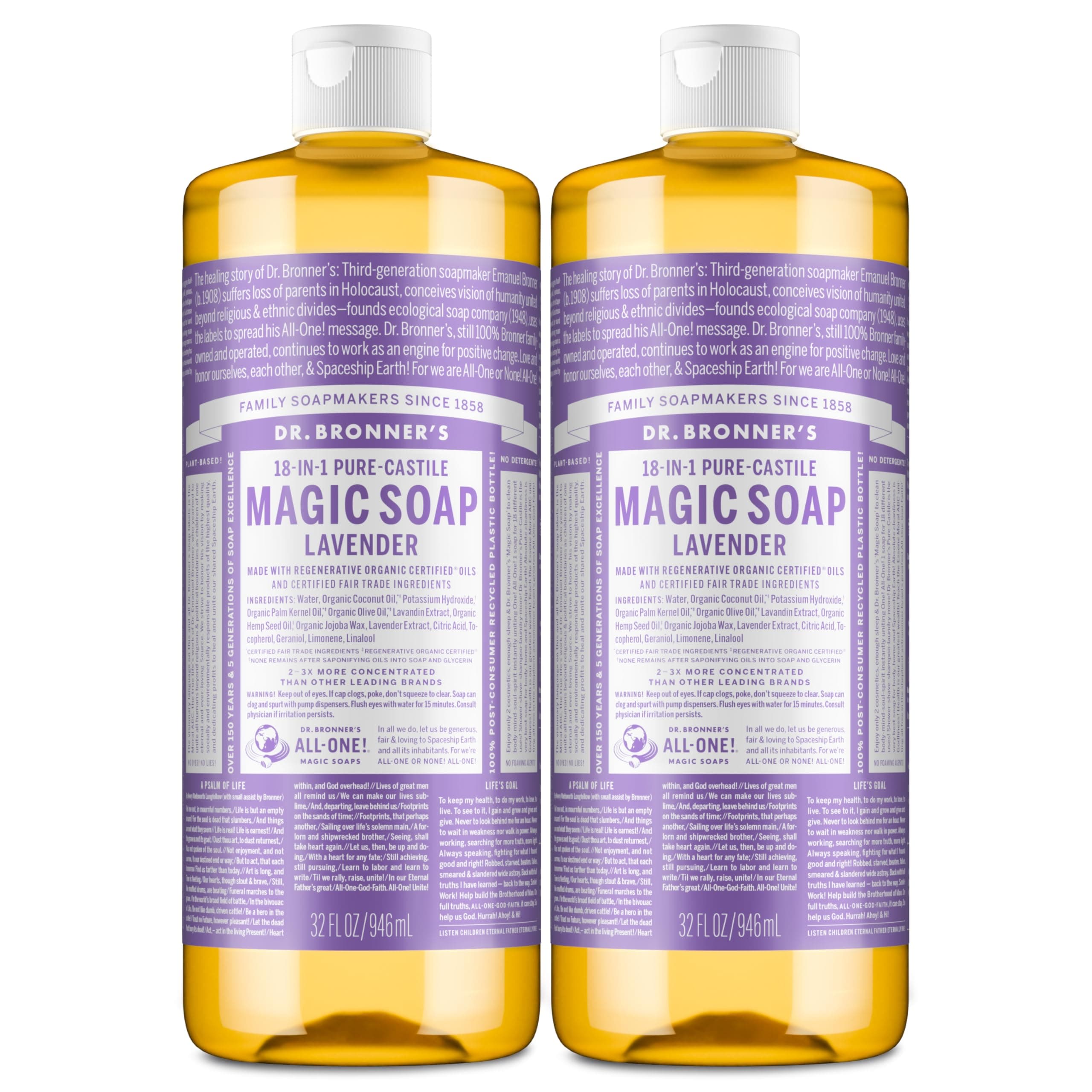 Magic Soap - Pure-Castile Liquid Soap (Lavender, 32 ounce, 2-Pack) -Regenerative Organic Certified Oils, 18-in-1 Uses: Body, Hair, Laundry, Pets & Dishes, Concentrated, Vegan, Non-GMO