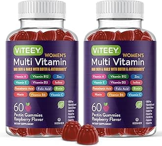 Viteey Womens Multivitamin Gummies - Immune Support - 12 in 1 Essential Vitamins & Minerals - Vitamin A, C, D3, E, B6, B12, Folic Acid, Biotin, Calcium, Zinc & More - Vegetarian - Raspberry Flavored