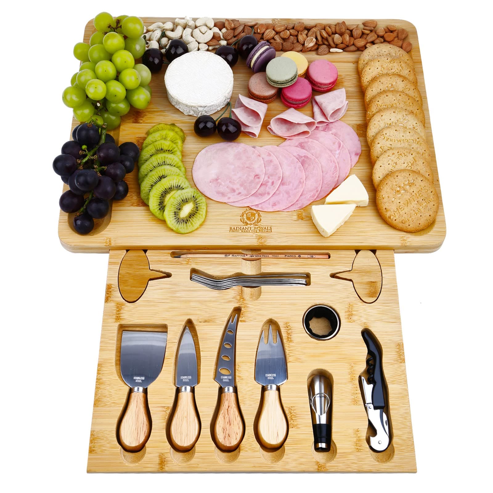 Premium 19-Accessories Extra Large Cheese Plate Board with Wine & Cheese Accessories, Serving Forks and Cheese Knives, House Party, Unique Housewarming Gift