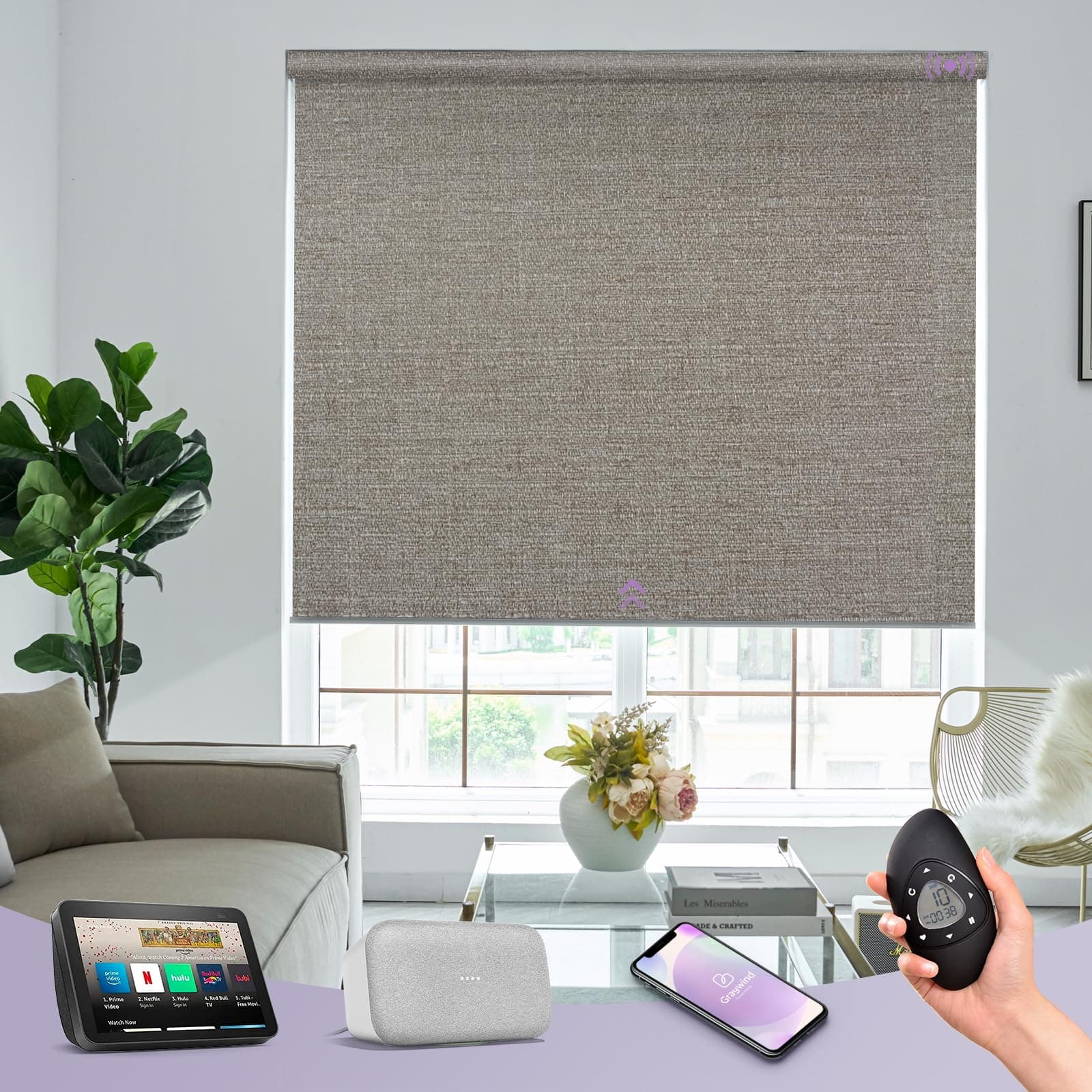 Motorized 100% Blackout Roller Shades Compatible with Alexa Google via Hub Window Blinds Remote Control Rechargeable Battery Motor with Valance for Smart Home and Office (Grey Brown)