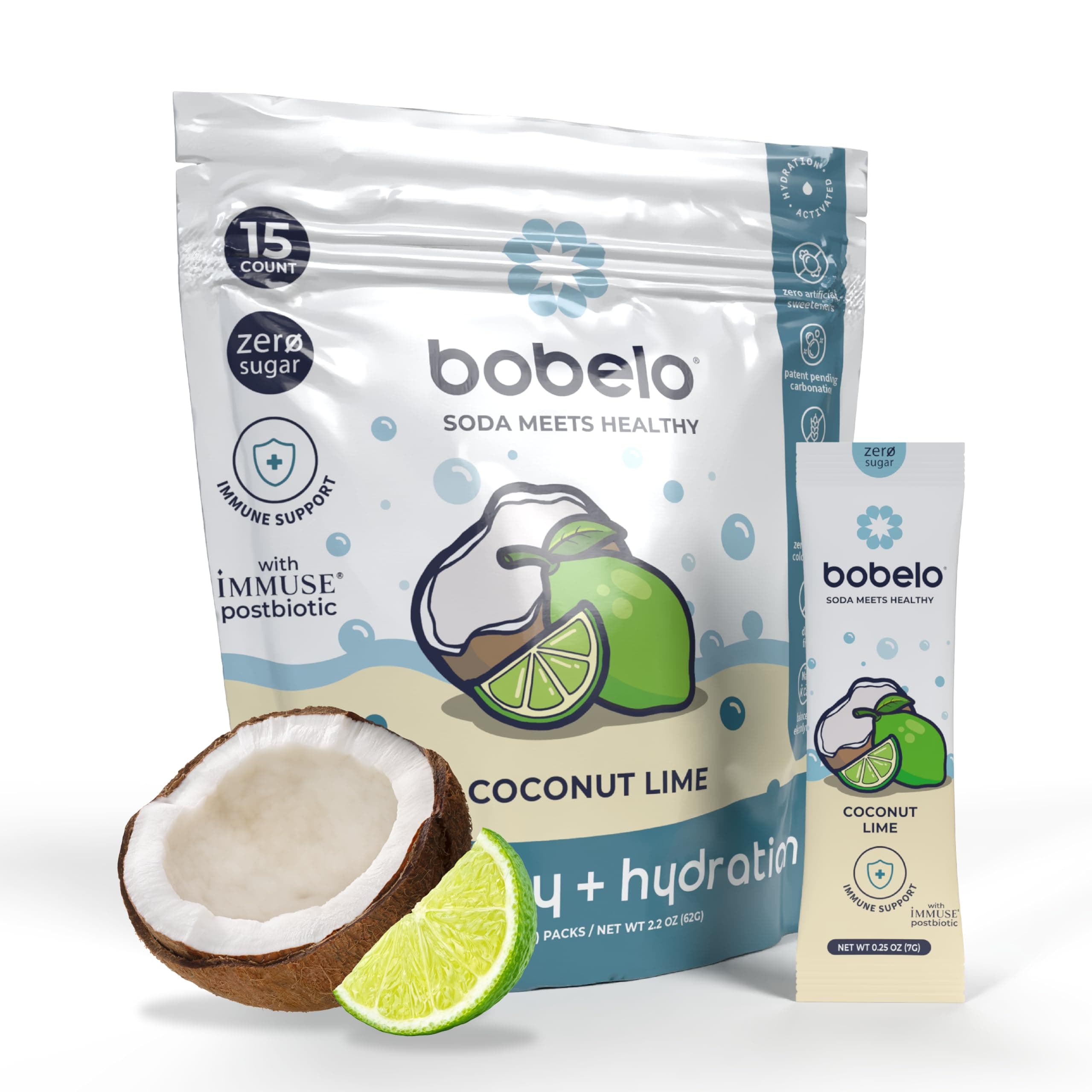 Self Carbonating Hydration Packets - Coconut Lime Flavor (15ct) | Low Calorie Electrolyte Drink Mix | Keto Friendly, Sugar Free Water Enhancer | Soda Sparkling Water Alternative