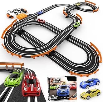 Slot Car Race Track Sets with 4 High-Speed Racing Car, Battery or Electric Race Car Track for Boys and Kids, Dual Racing Game Lap Counter Circular Overpass Track, Gifts Toys for Boys Kids Age 6 7 8-12