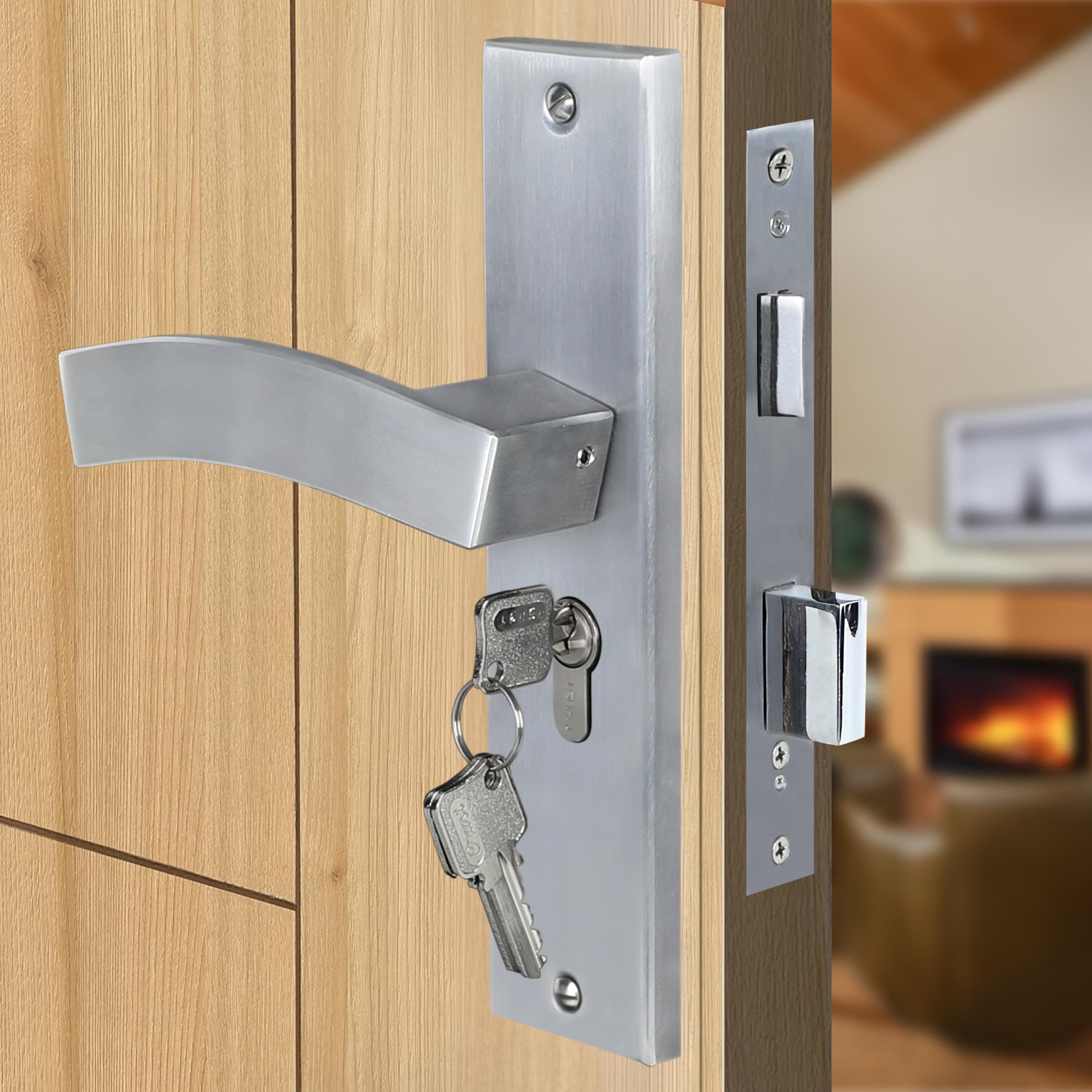 Blue Space Premium 8" Cylindrical Plate Mortise Door Lock Handle Set/Mortise Lock with Brass Lock Body and One Side Key 60mm Brass Cylinder Set with 3 Brass Computer Keys (LB10002, Matt Satin)