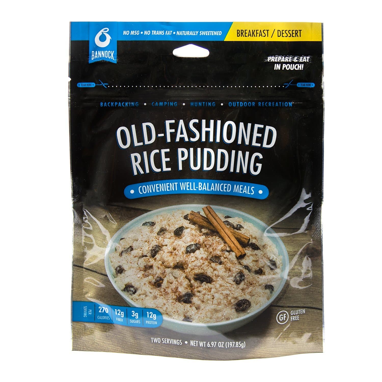 Bannock Old Fashioned Rice Pudding - 1 Pouch - 2.5 Servings - Gluten Free Freeze Dried Camping, Hiking & Backpacking Dessert - Cook in Pouch Camp Breakfast
