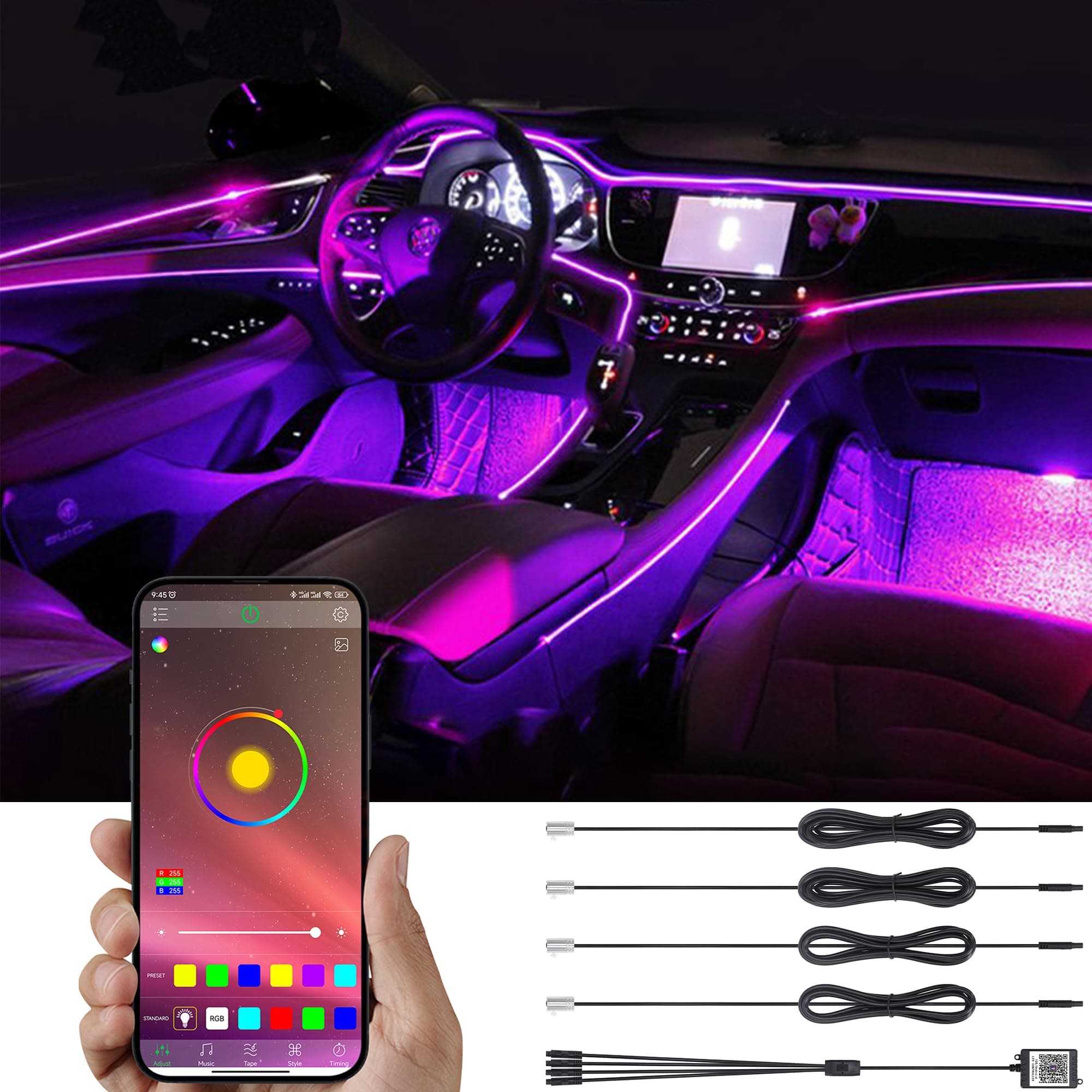 TABEN Car Interior Decoration Atmosphere Light APP Control Car Interior Lighting Kit with 8 Colors, Waterproof, Interior Atmosphere Neon Lights Strip for Car 1W DC12V (1 Set)