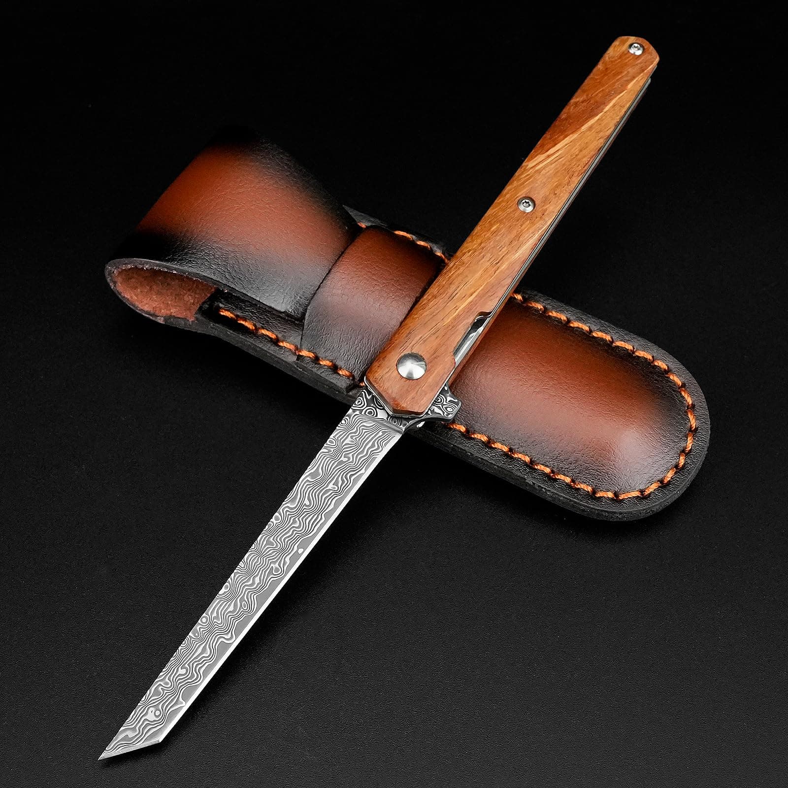 AUBEY Small Damascus Pocket Knife with Sheath, Sharp Tanto Blade Damascus Folding Knife for EDC, Wood Handle, Gift for Men Women