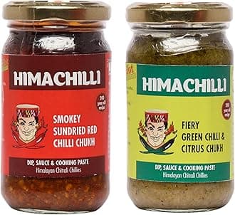 HIMACHILLI Traditional - Smokey Red Chilli Chukh and Fiery Green Chilli Chamba Chukh from Himachal Pradesh Fiery, Hot, Citrus, Green Chilli Pickle, Paste & Marinade - Pack of 2, (Each Bottle 200gm)