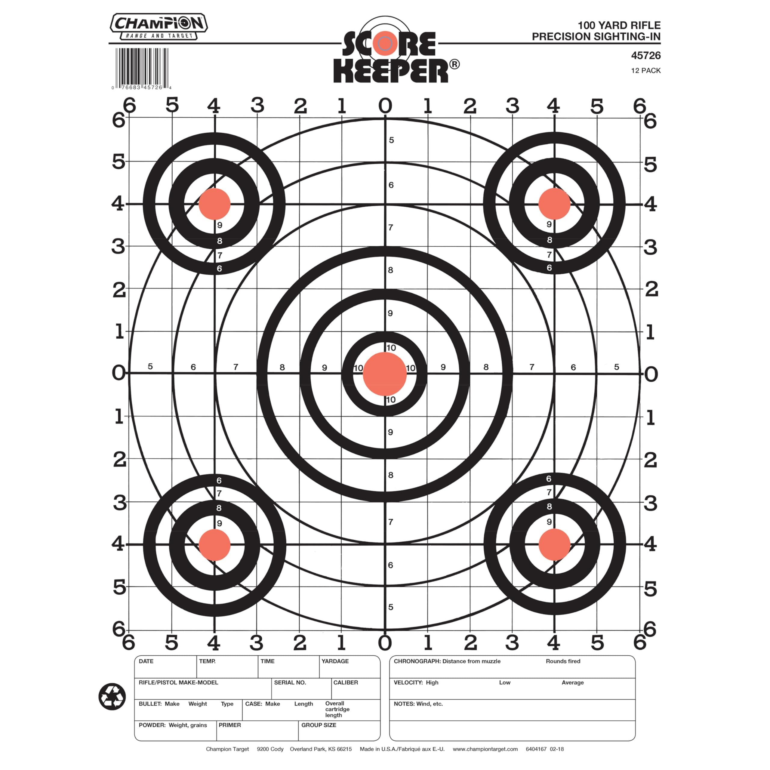 Champion Range and Target Score Keeper Fluorescent Orange Bull 100-yard Sight-in Rifle Target (Pack of 12) (45726)