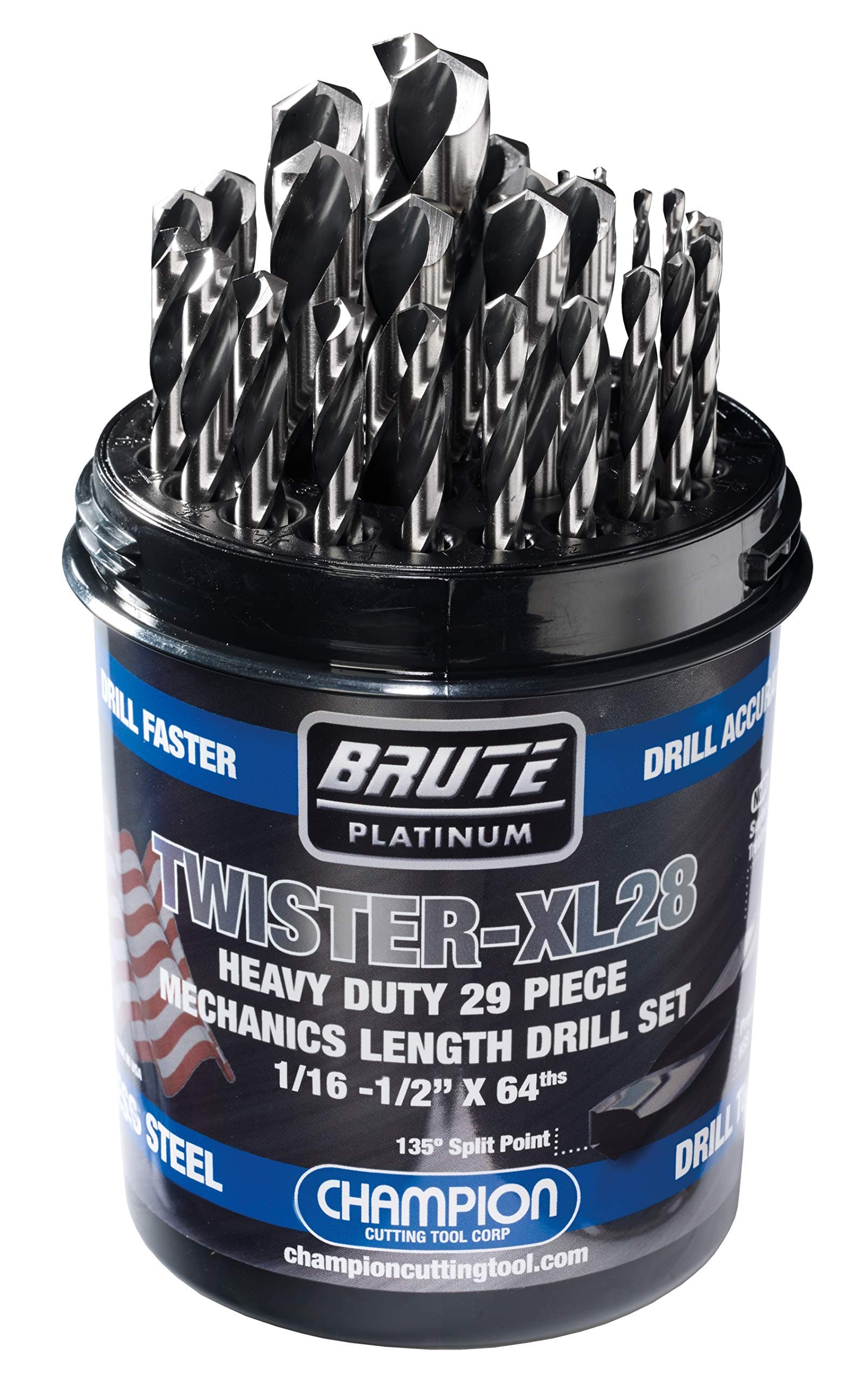 Cutting Tool Brute Platinum 29 Piece 1/16-1/2" x 64ths HSS Mechanics Length Twister-XL28 Drill Bit Set-135 Degree Split Point, Water Resistant Index-MADE IN USA