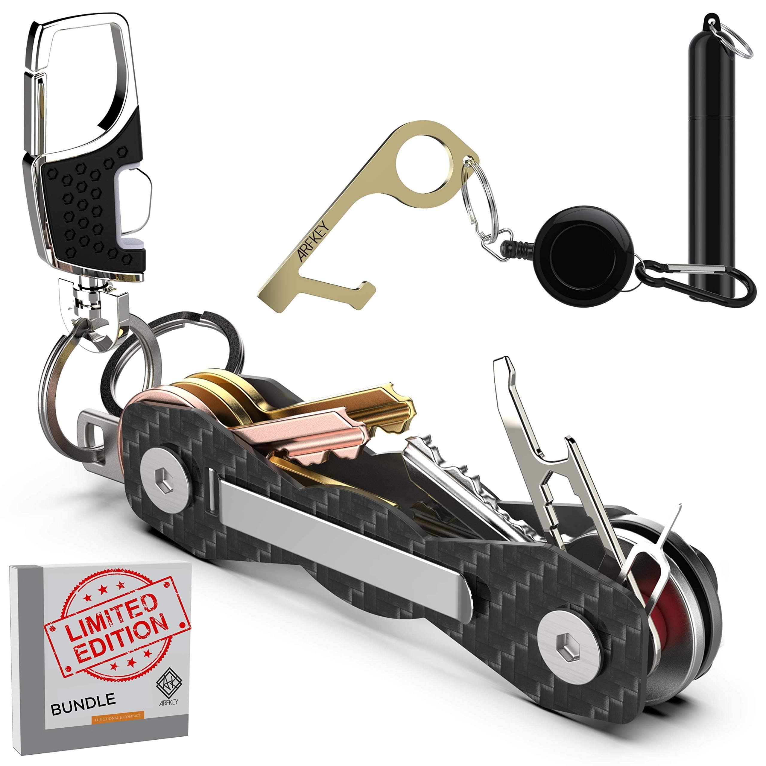 Carbon Fiber Compact Key Holder with Spinner Function - Premium Key Organizer Keychain UP to 20 Keys - B0NUS Retractable Keychain Holder with Loop Piece for Belt & Expansion Pack- GREAT GlFT