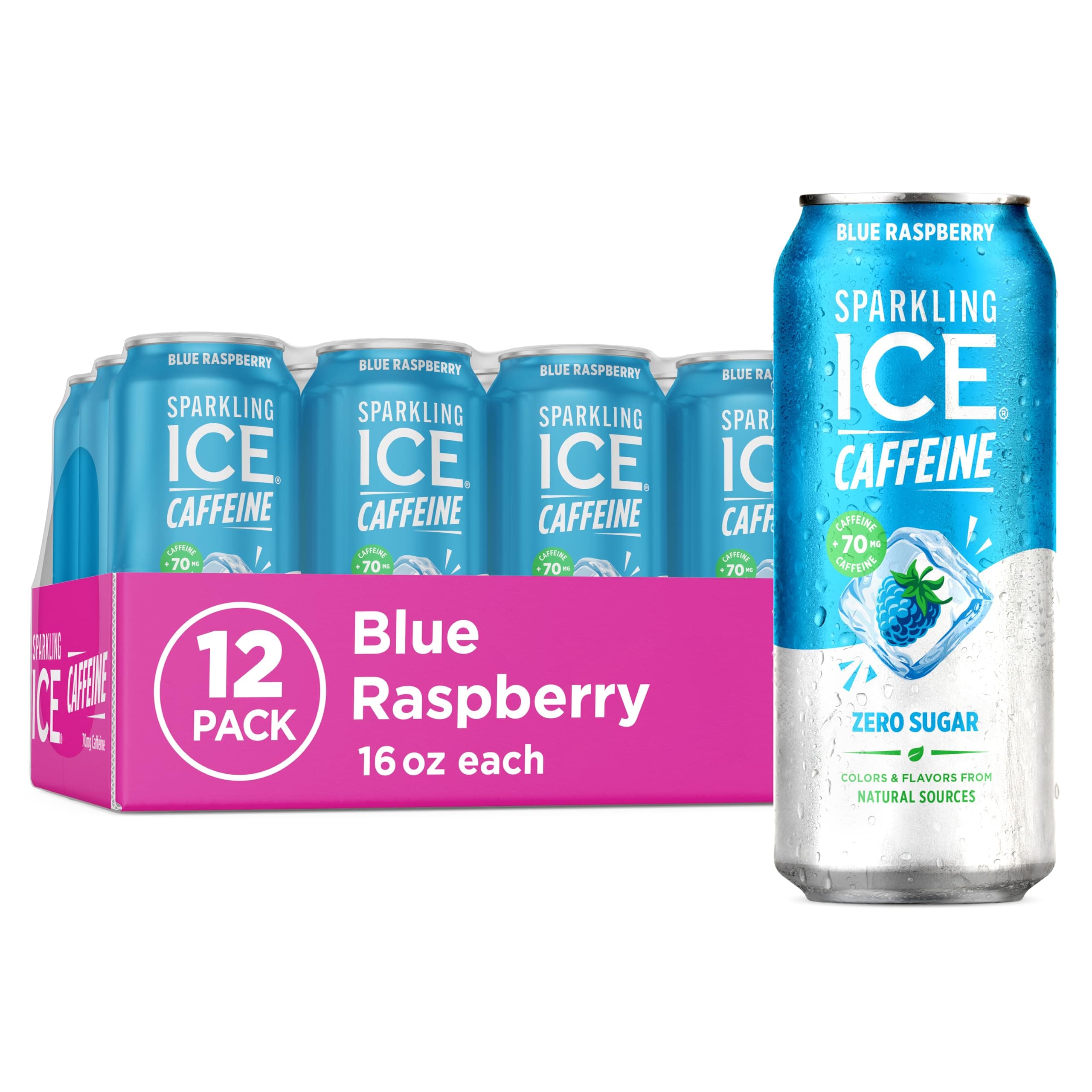 Caffeine Blue Raspberry Sparkling Water, with Antioxidants and Vitamins, Zero Sugar, 16 Fl Oz (Pack of 12)