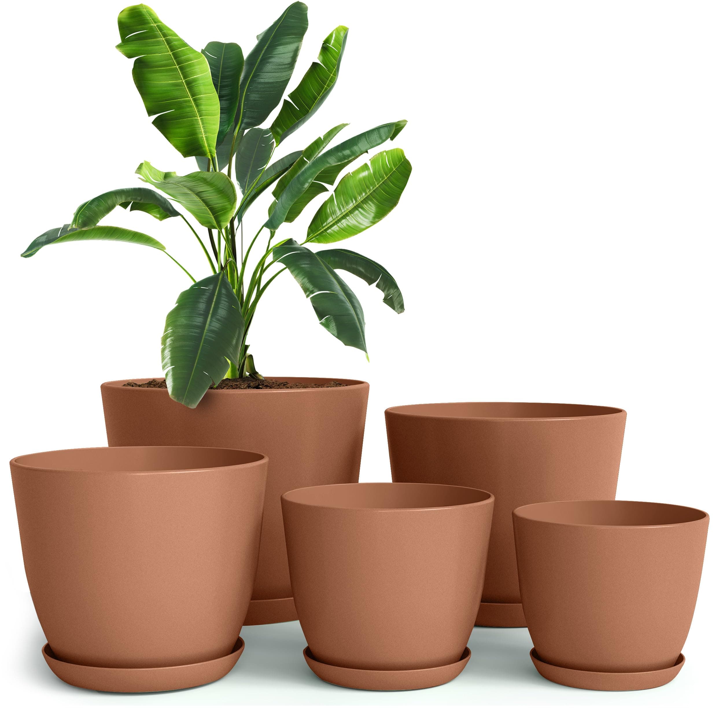 Plastic Terracotta Pots with Drainage - 7/6.6/6/5.3/4.8 Inches Flower Pots for Indoor Planter - Pack of 5 Plastic Planters, Cactus, Succulents Pot