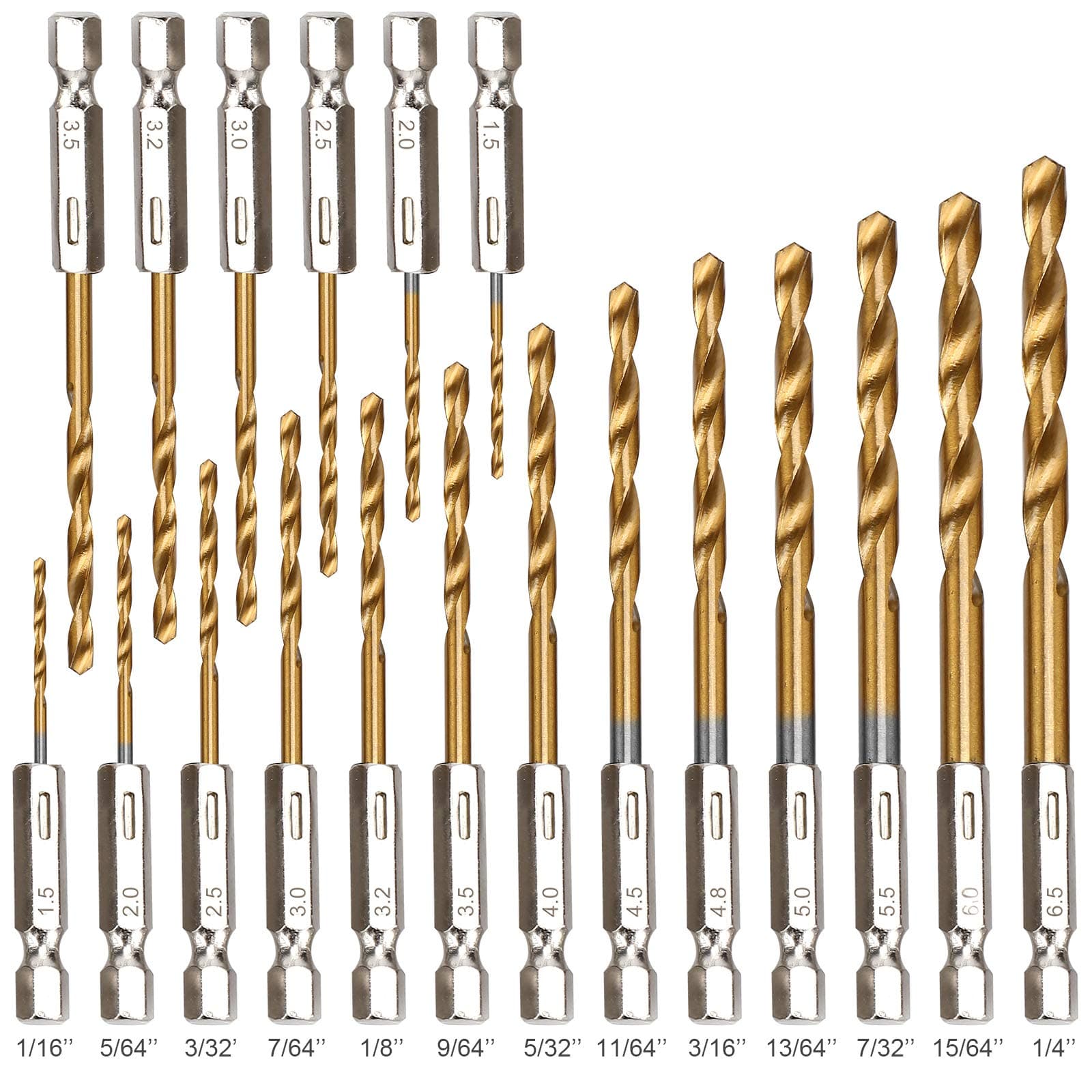 YXYL 19-Piece Hex Drill Bit Set, Titanium & HSS High-Speed Steel Hex Shank Quick-Change Twist Drill Bits for Wood (1/16"-1/4")