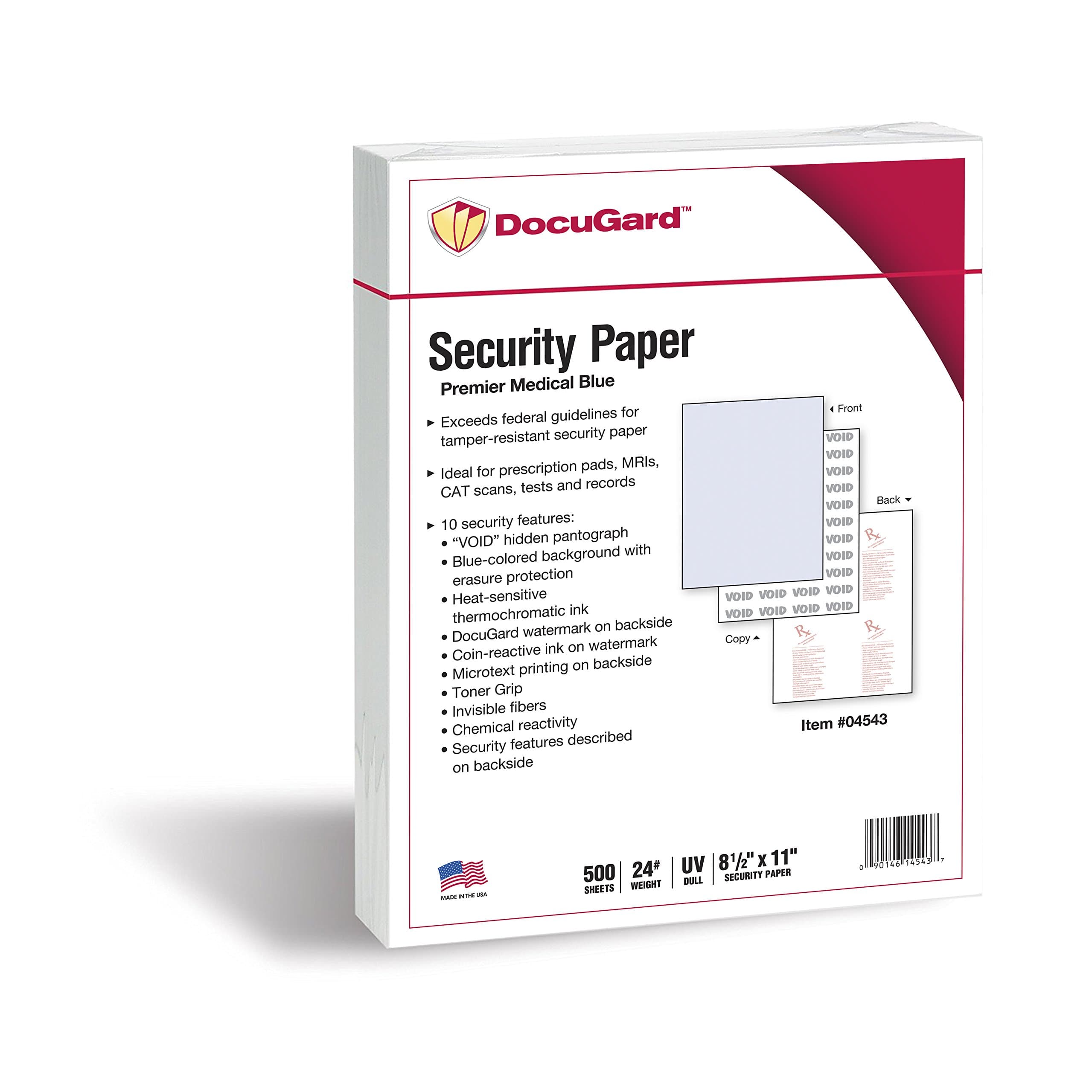 DocuGard Premier Blue Security Paper, 10 Features, 8.5 x 11 Inches, 24 lb, 500 Sheets (04543)