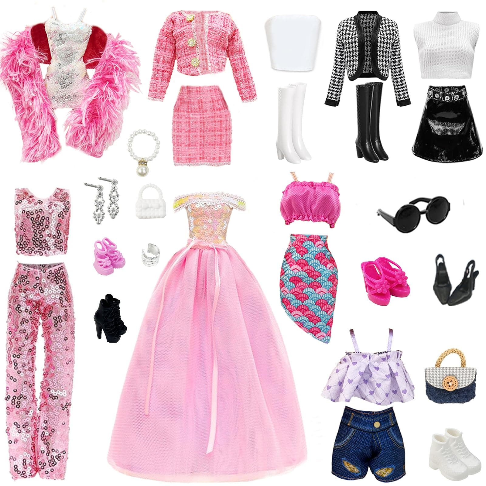 28 Pcs Dolls Clothes and Accessories, Include 7 Beautiful Sets, Also Included 1 Sunglasses + 2 Bags + 1 Pair Of Earrings + 1 Bracelet + 1 Pearl Necklace, Sets for 11.5 Inch Dolls