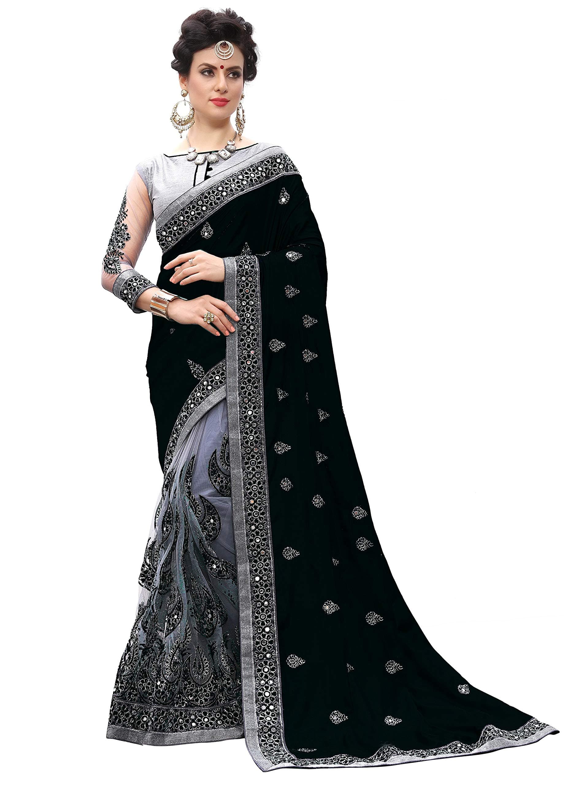 PANASH TRENDS Women's Silk Net Embroidery Work half & half Saree (black)