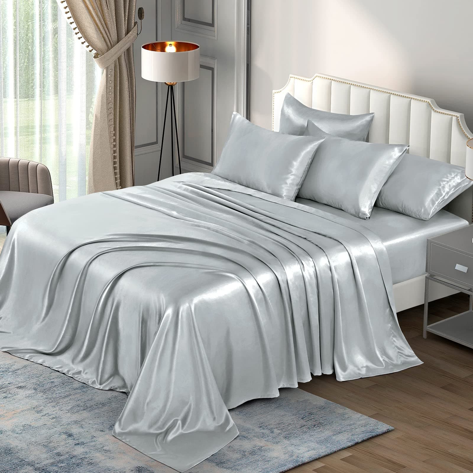 Satin Sheets King (6 Pieces, Silver Grey) - Luxury Silky Satin Bed Sheets King Bedding Set, Extra Soft Satin Sheet Set, 1 Satin Fitted Sheet + 1 Flat Sheet + 4 Pillow Cases