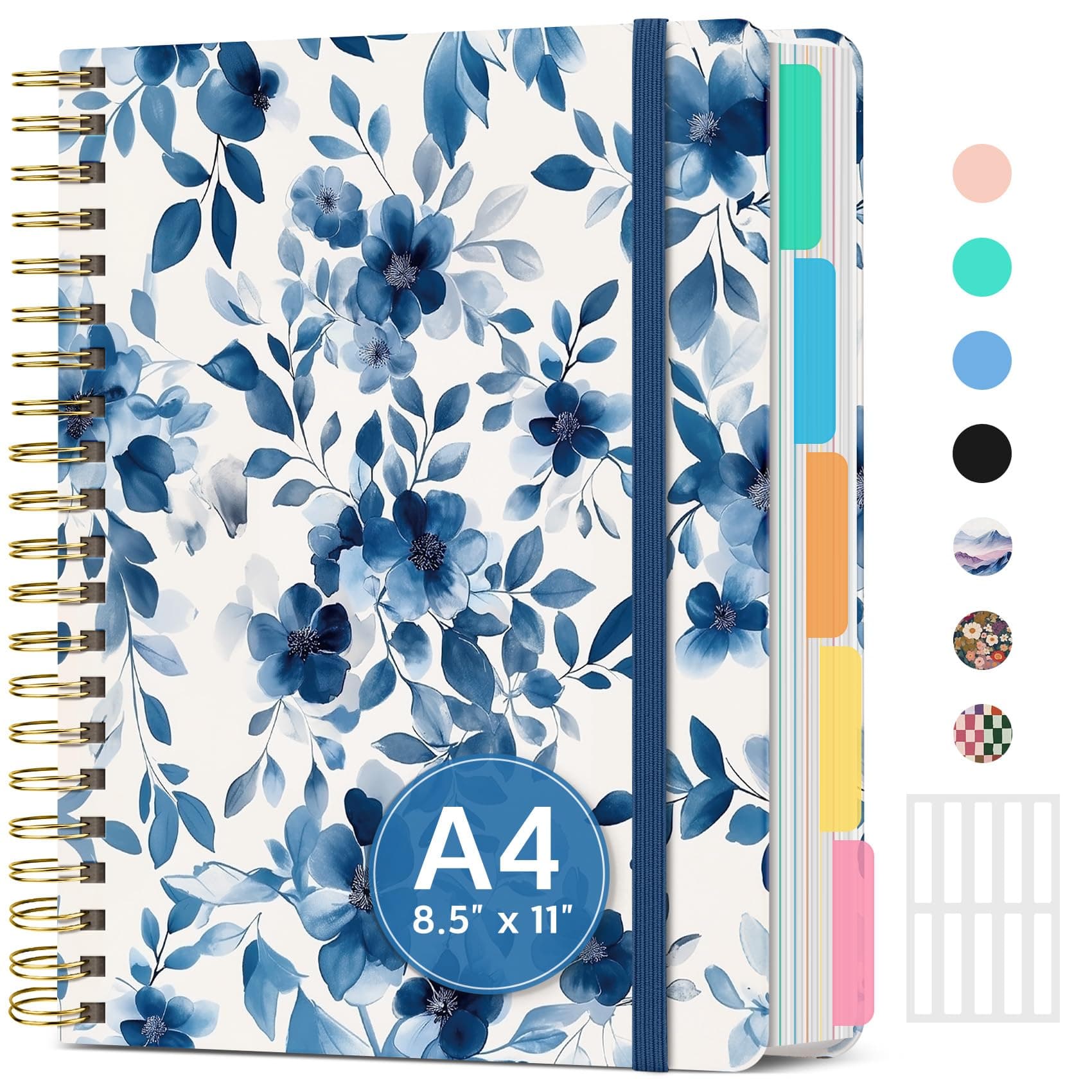 Large Spiral Lined Notebooks for Work with Removable Dividers & Tabs, 8.5"x11" Pretty Hardcover 5 Subject Notebook Journal for Women, College Ruled, Perfect for Study & Office Organization, 280 Pages,Blue Blooms