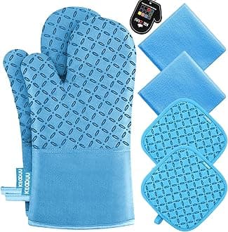 KEGOUU Oven Mitts and Pot Holders 6pcs Set, Kitchen Oven Glove High Heat Resistant 500 Degree Extra Long Oven Mitts and Potholder with Non-Slip Silicone Surface for Cooking