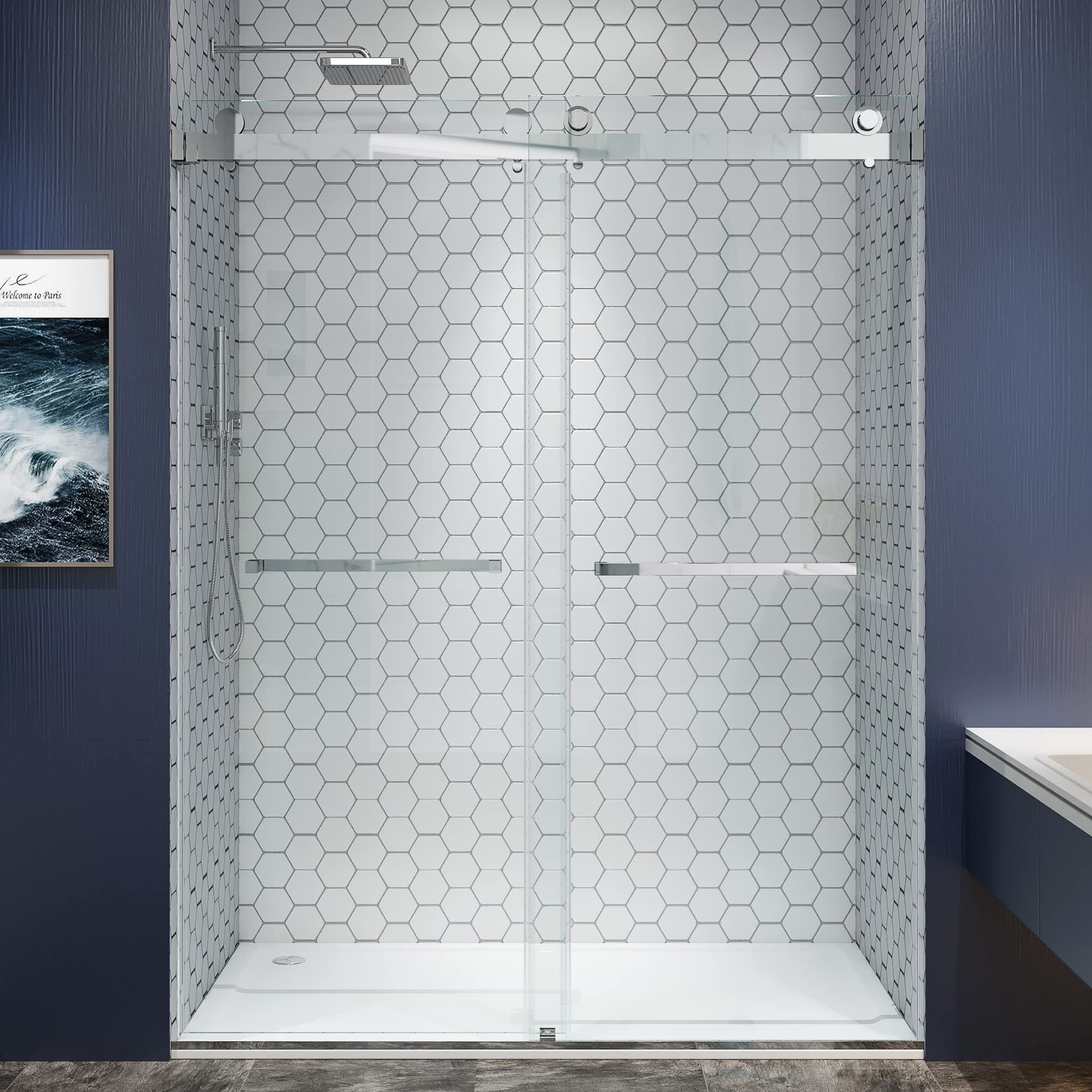 Frameless Shower Door, 68"-72" W x 76" H, Width Adjustable, SGCC Certified 3/8" (10 mm) Clear Tempered Glass, Double Sliding Shower Door, Stainless Steel Chrome Finish DS01