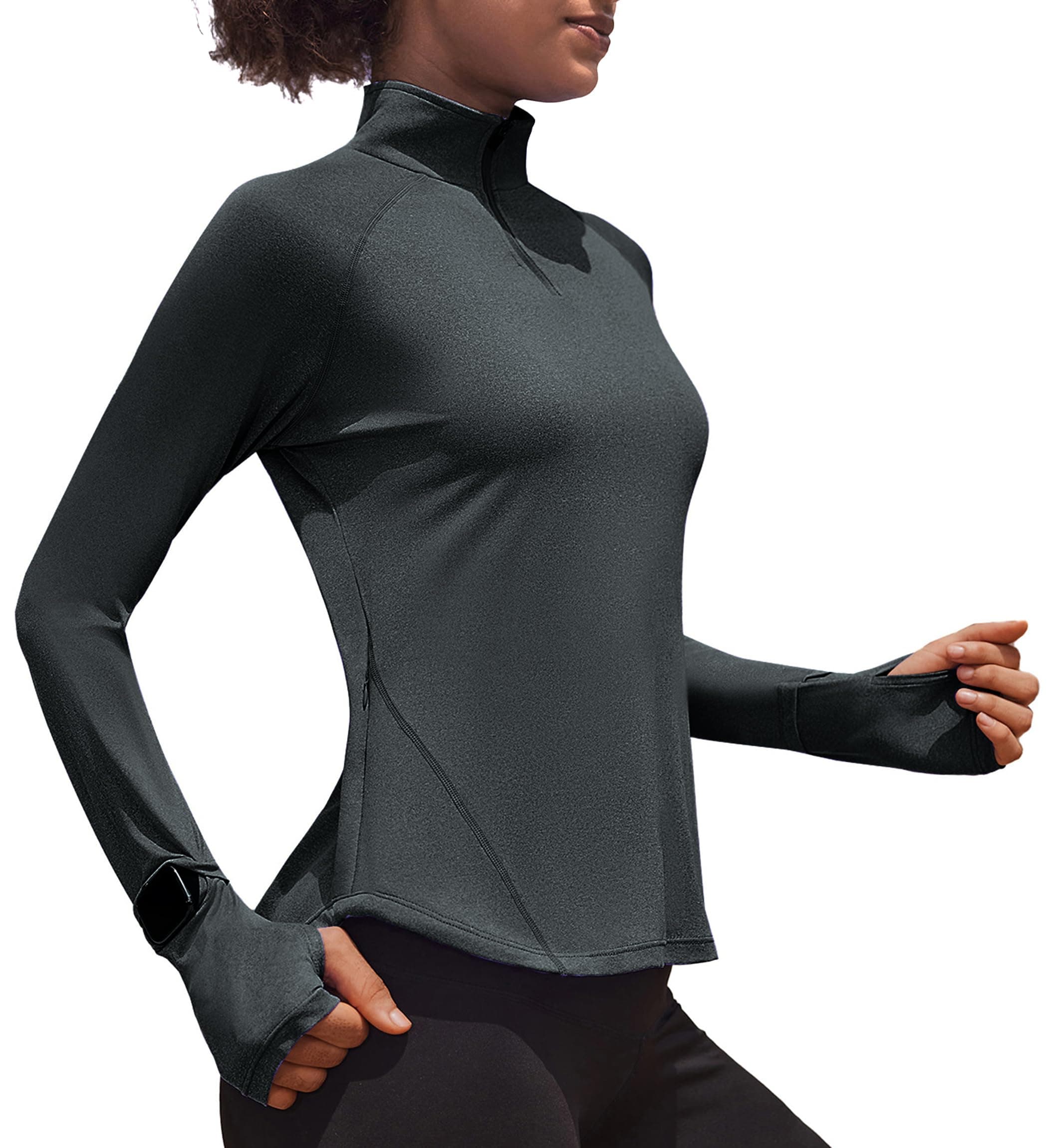 PINSPARK Women's Long Sleeve Workout Shirt 1/4 Zip Pullover Athletic Shirts Watch Holes Gym Top for Running Hiking