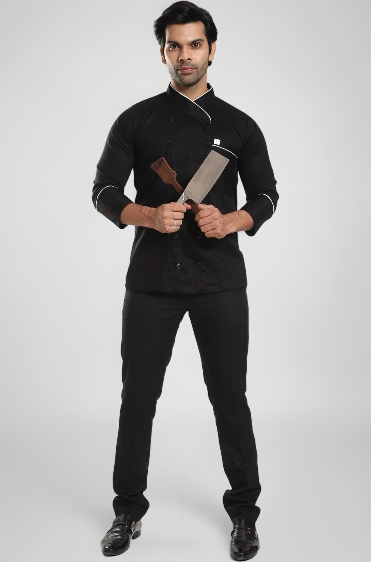 - Black Cooking Chef Coat Side Button Stand Collar Single Breasted Crossneck, Full Sleeves, Snap Button for Men Hotels, Restaurants