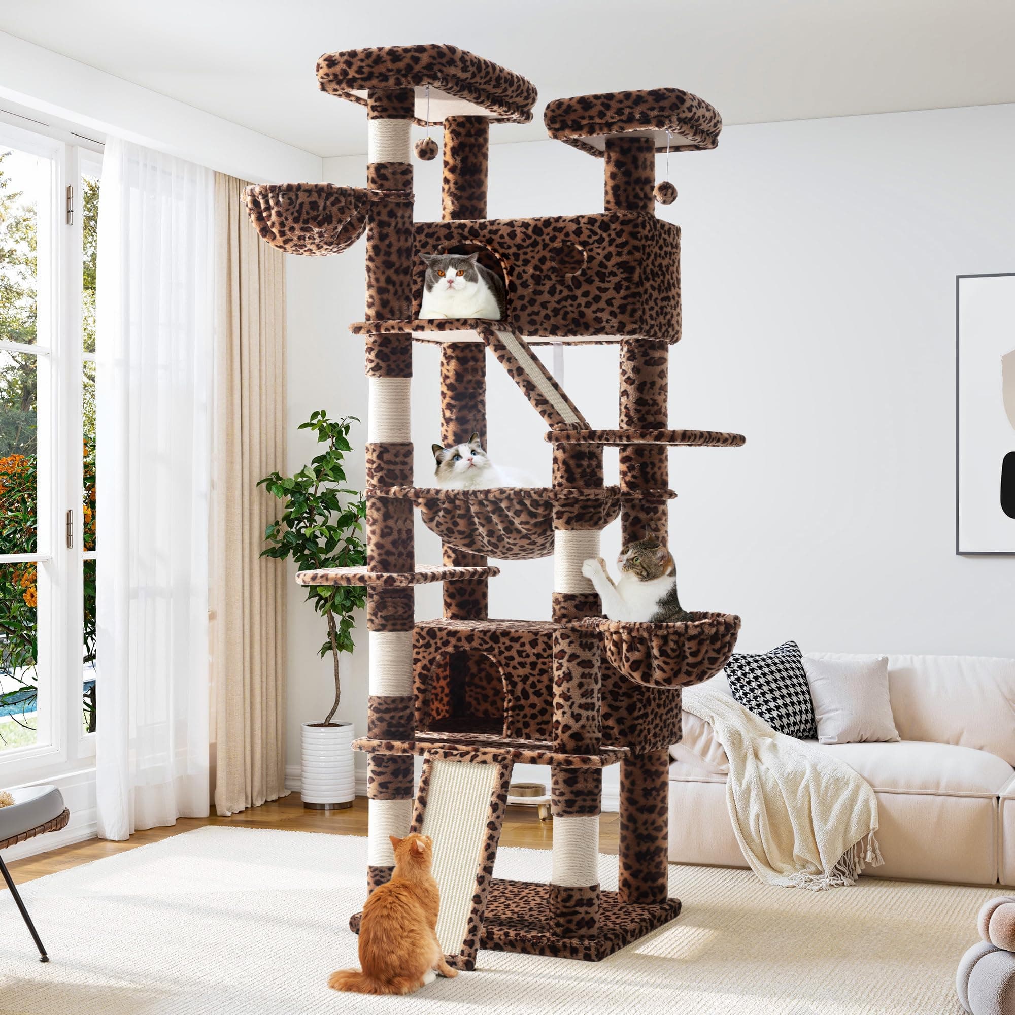 81 Inches Tall Cat Tree/Multi-Level Large Climbing Tree House and Towers for Big Feline/Condo and Hammock/Scratching Post/Wide Base/Leopard Print