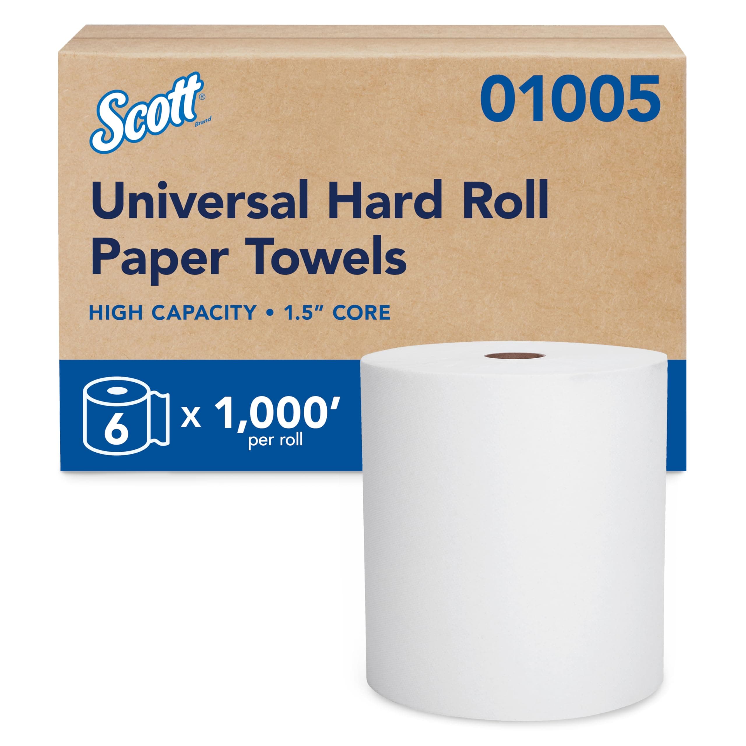 SCOTT PROFESSIONAL Essential High Capacity Hard Roll Paper Towels (01005), White, 1000'/Roll, 6 Paper Towel Rolls/Convenience Case