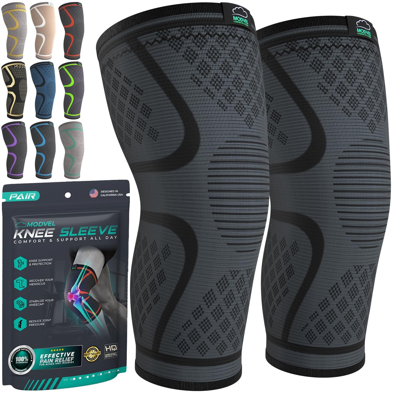 MODVEL Knee Compression Sleeve with Knee Support – Breathable, Flexible Fit for Men & Women, Ideal for Daily Use & Workouts, Black (XL)