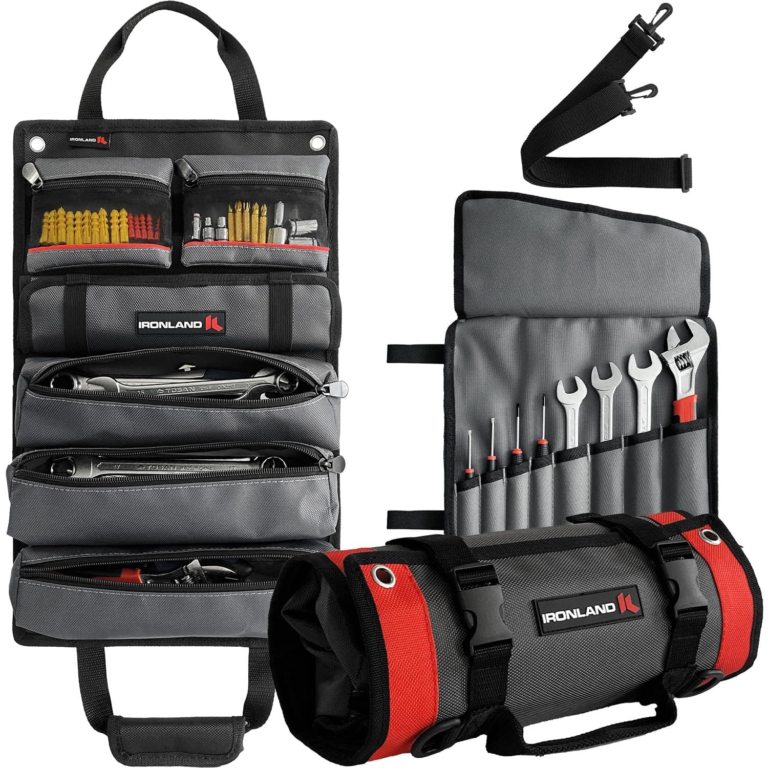 Tool Bag Roll Up, Heavy Duty Tool Organizer for Men Portable Tool Storage Box with 5 Detachable Zipper Pouch and Wrench Pouch - Gifts for Dad Tool Roll Organizer Adjustable Shoulder Strap Grey