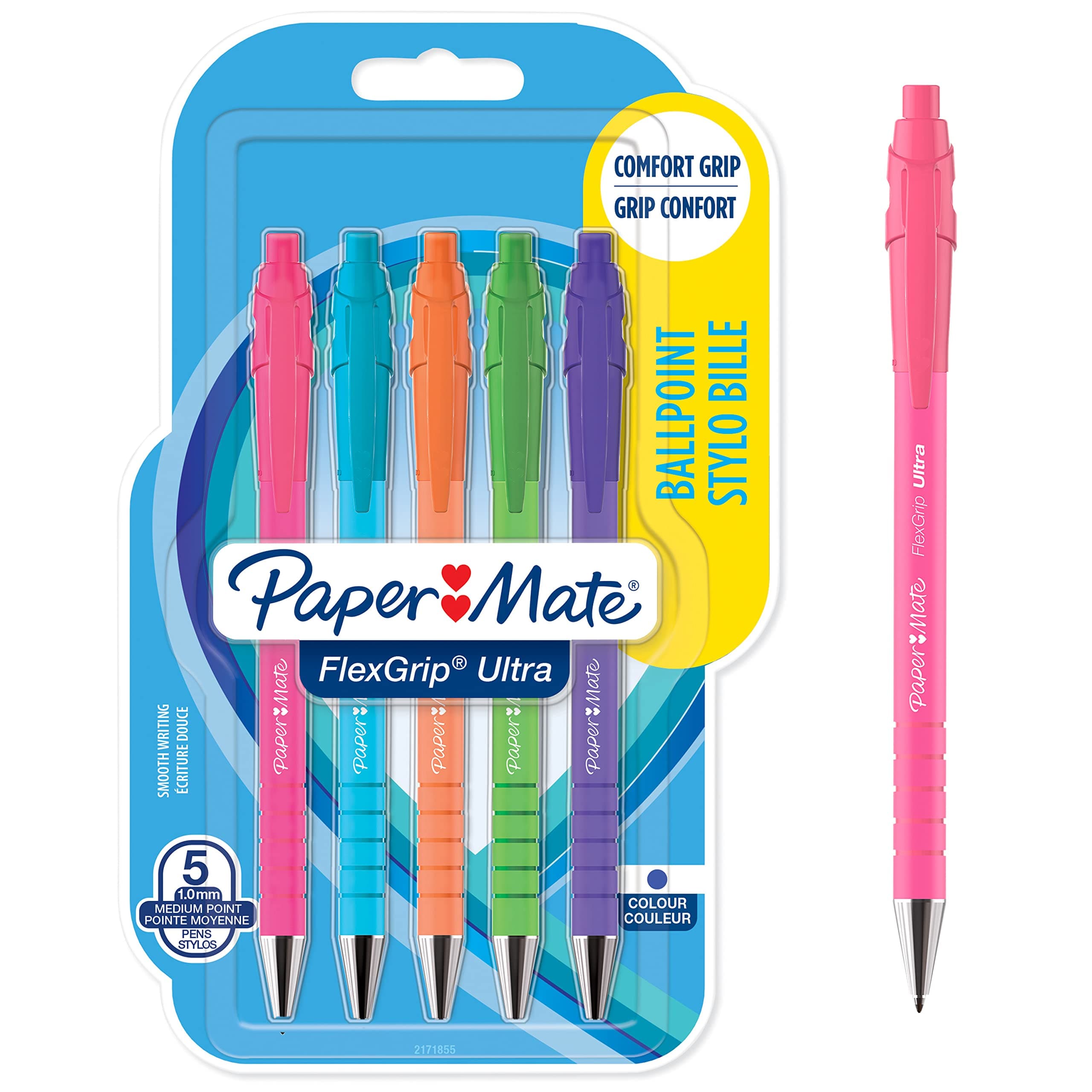 Paper Mate Flexgrip Ultra Bright Ballpoint Pens | Medium Point (1.0mm) | Blue Ink | Bright Barrels | 5 Count