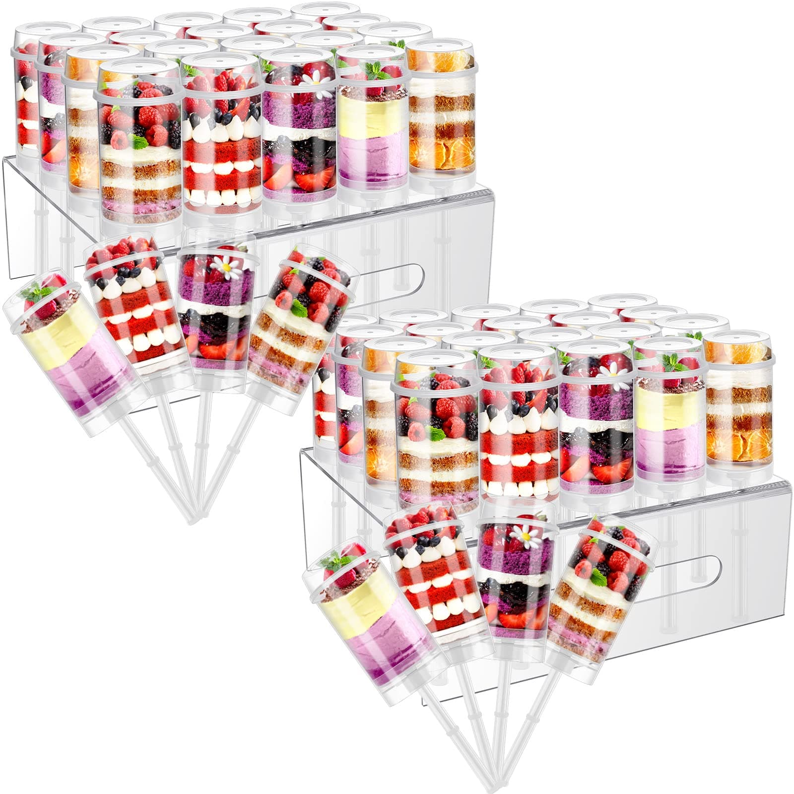 Geetery 50 Pcs Push Cake Pop Containers Clear Plastic Acrylic Display Stand Set Includes 2 Pcs 20 Hole Cake Pop Holder with Lids and 48 Containers Shooter Cups for Birthday Weddings