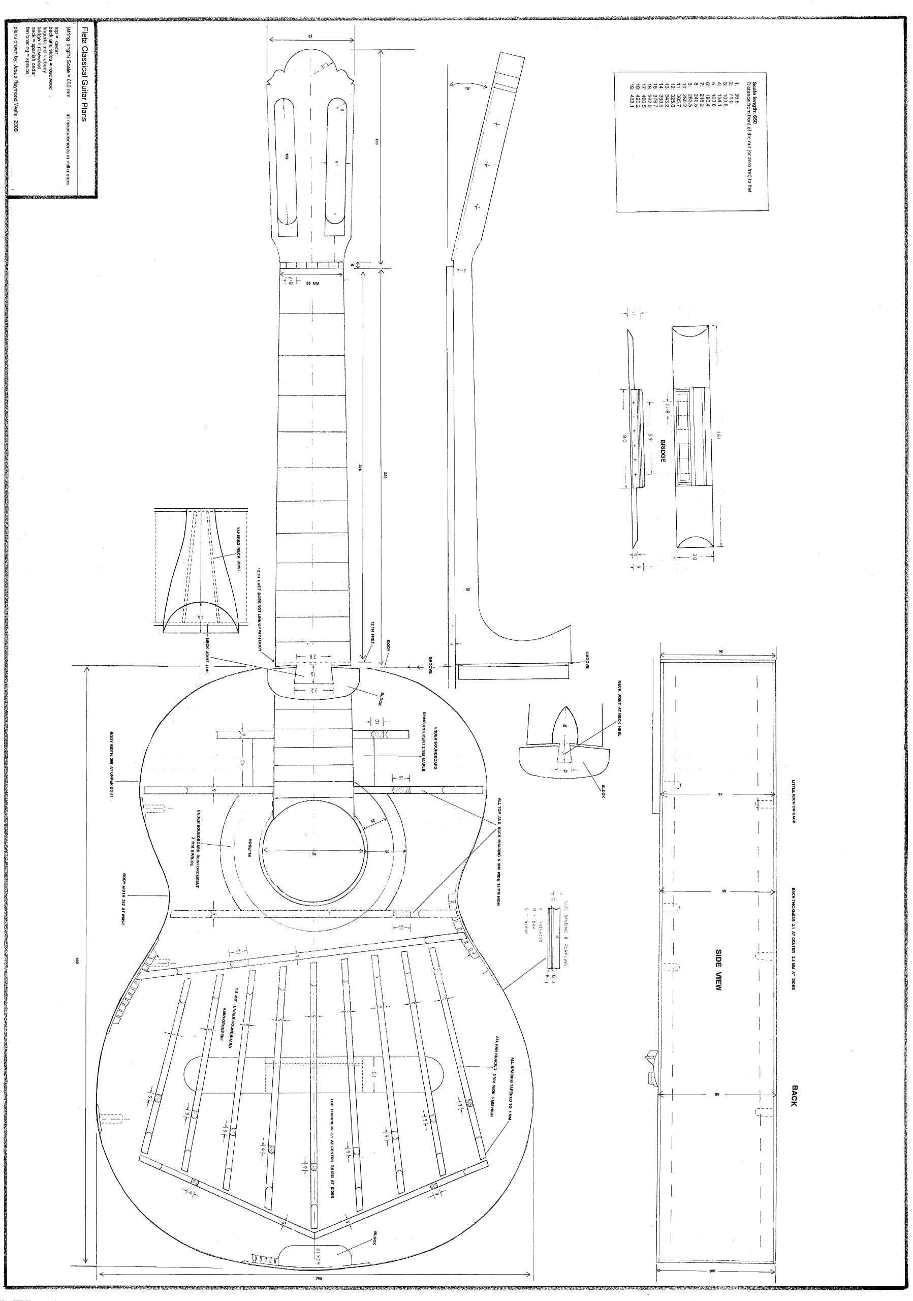 Full Scale Plans for Making The Fleta Classical 1A Guitar - Actual Size, Detailed