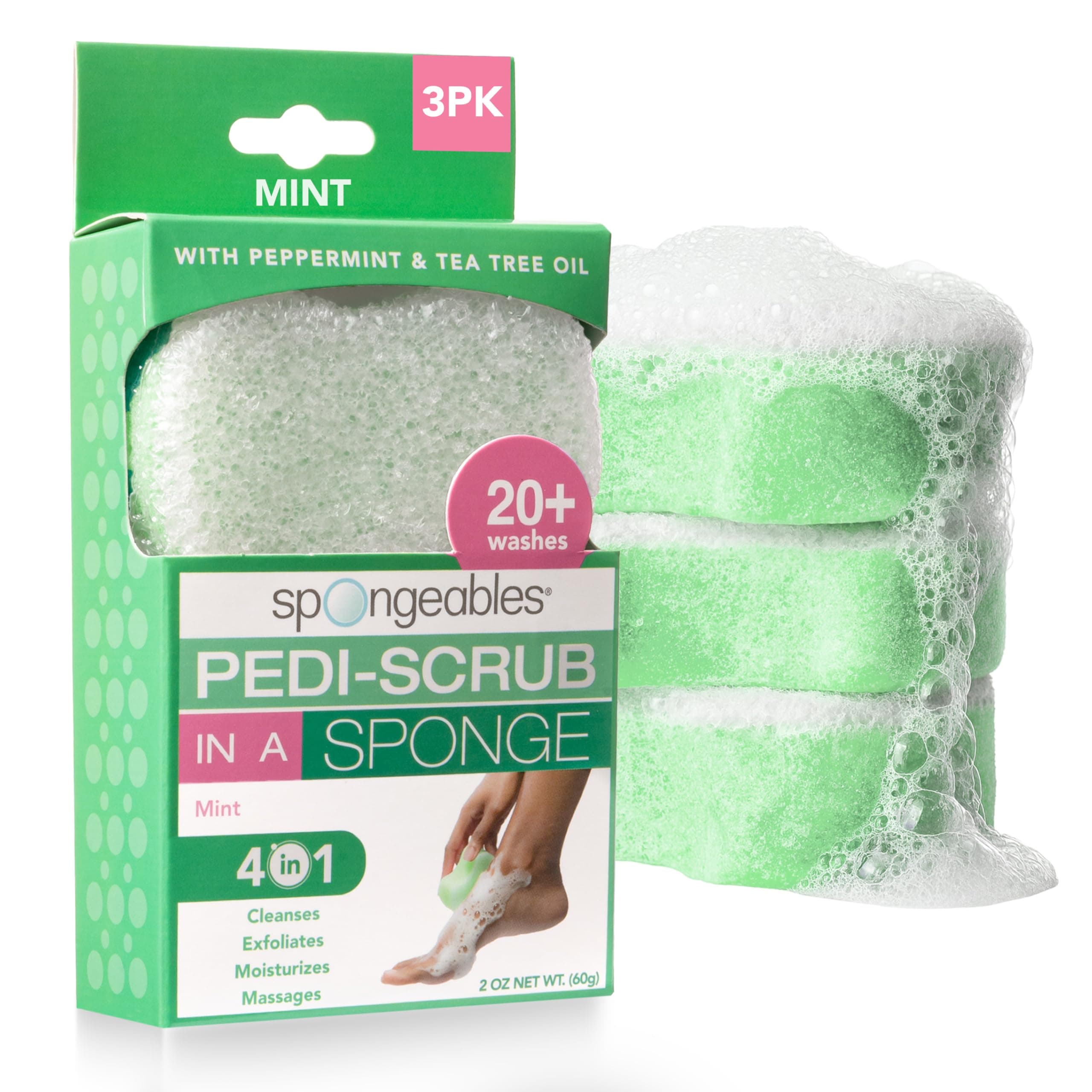 Spongeables Pediscrub Foot Buffer -The Soap In The Sponge Contains Peppermint and Tea Tree Oil For Foot Exfoliating/20+ Washes With Mint Scent, 3 Count
