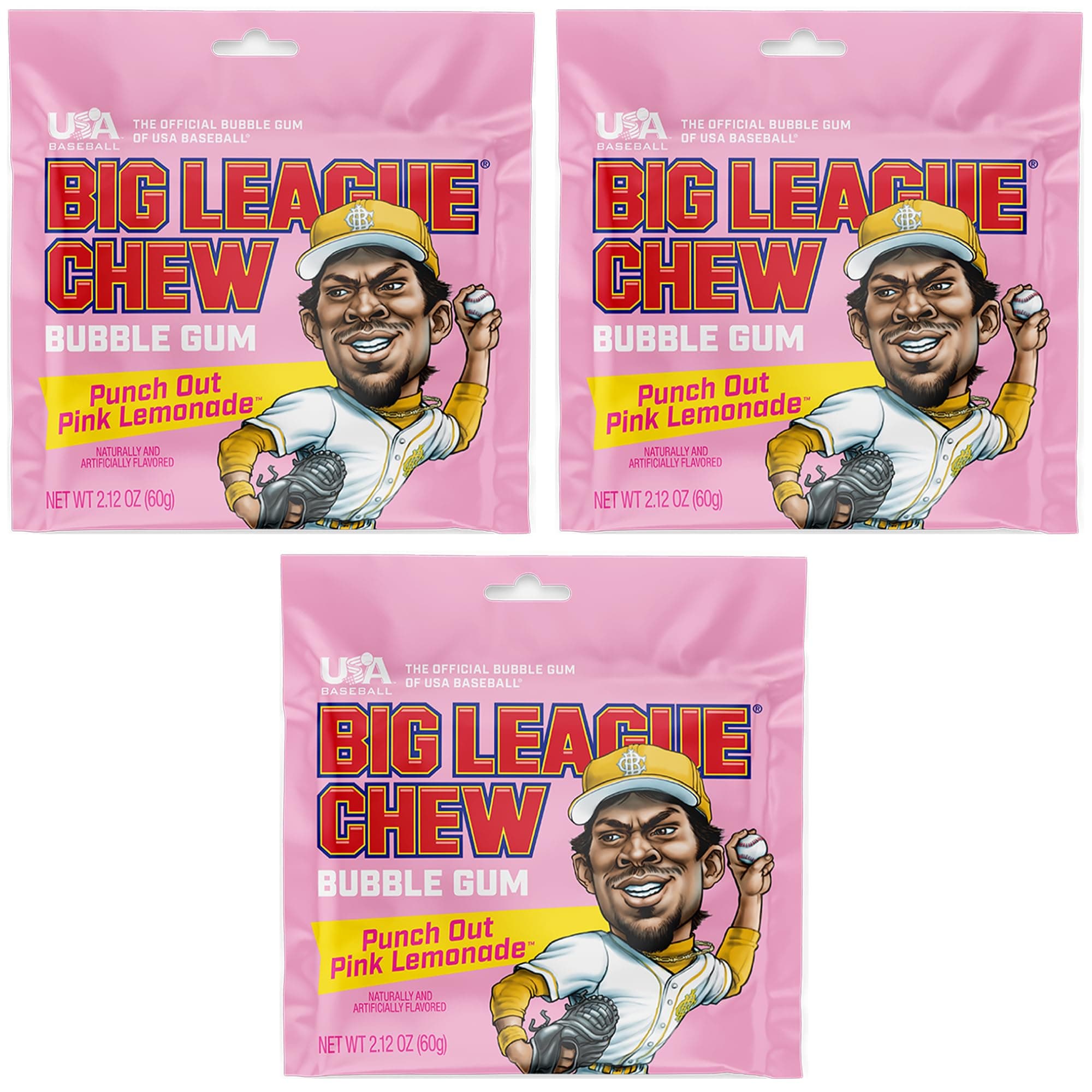 Big League Chew Pink Lemonade Bubble Gum 3-Pack - 2.12oz Packets - Pink Lemonade Baseball Gum - Big League Chew Baseball Candy Set for Treats, Party Favors & More - Softball Candy For Teams