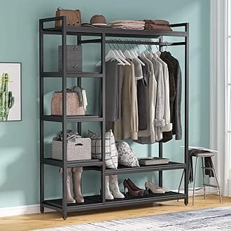 Tribesigns Free-standing Closet Organizer with 6 Storage Shelves and Hanging Bar, Large Standing Clothes Garment Rack（Black）