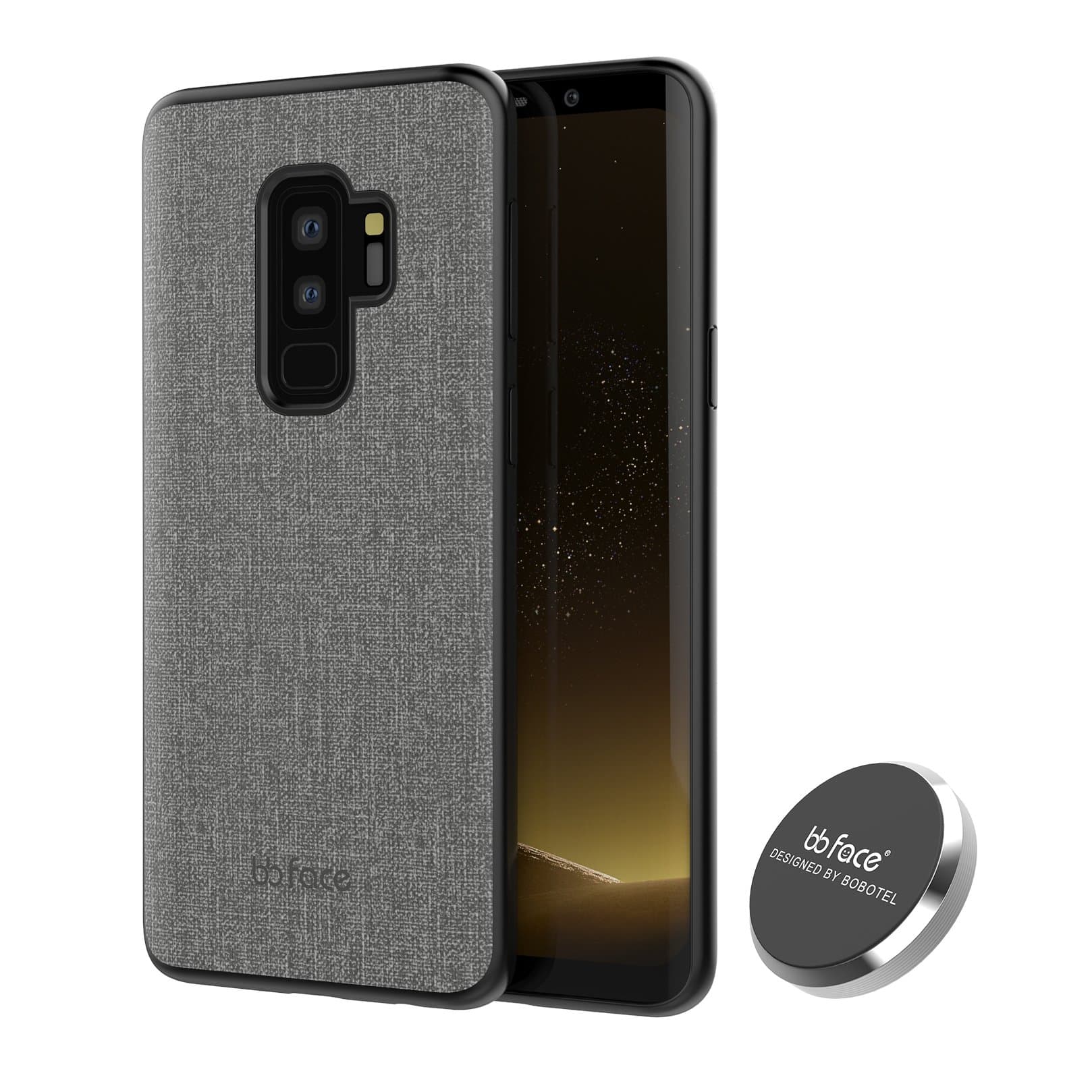 bb face Galaxy S9 Plus Magnetic Case Fabric Textured Pattern Protective Back Cover Plastic Hard Case With Magnetic Car Phone Holder For Samsung Galaxy S9 Plus 6.2"- Grey